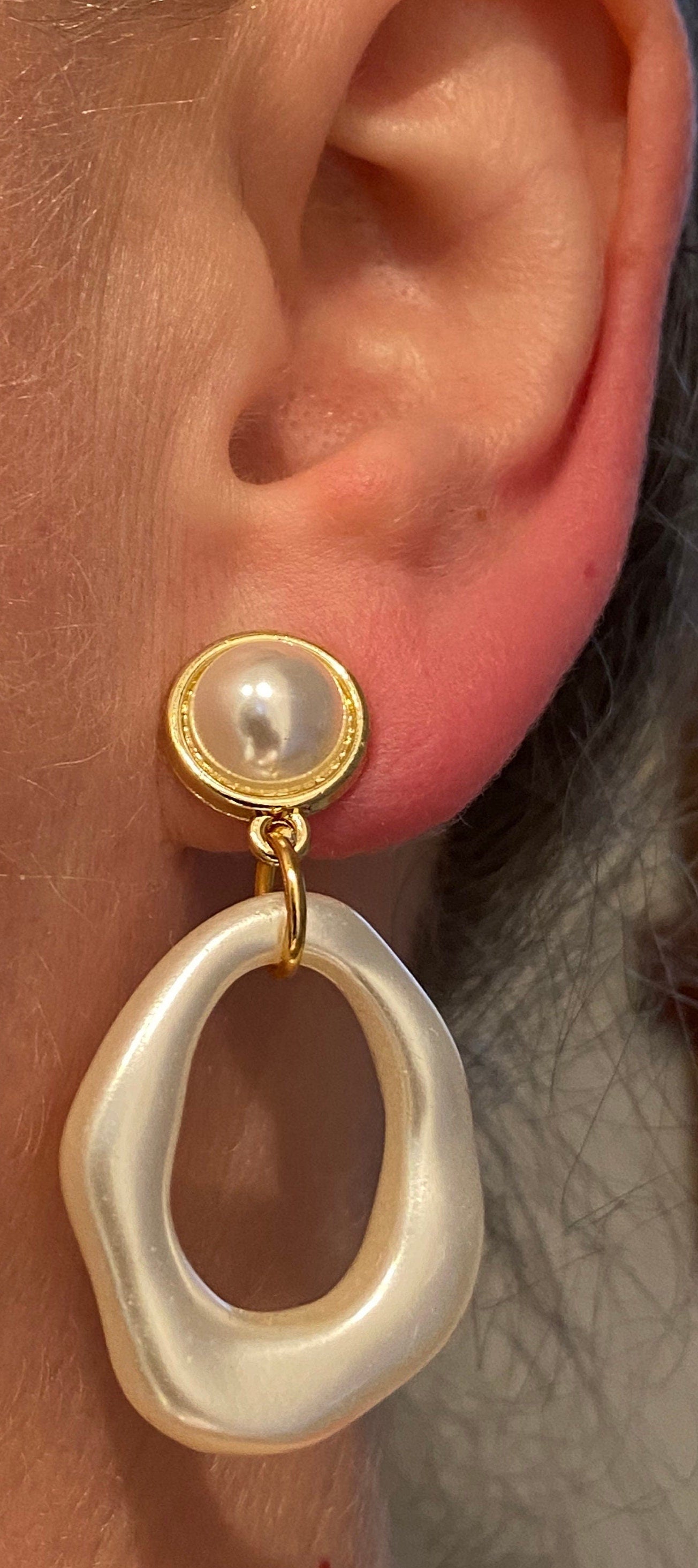 Clip on dangling faux pearl hoop earrings, irregular hoops