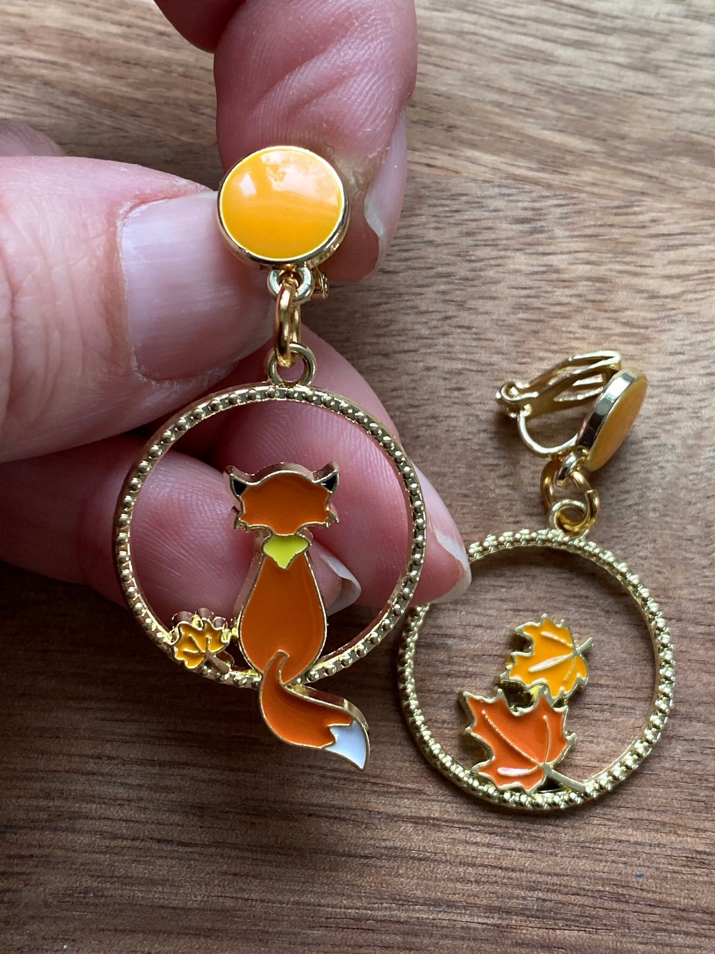 Dangling Asymmetrical autumn fox clip on earrings | fox screwback earrings