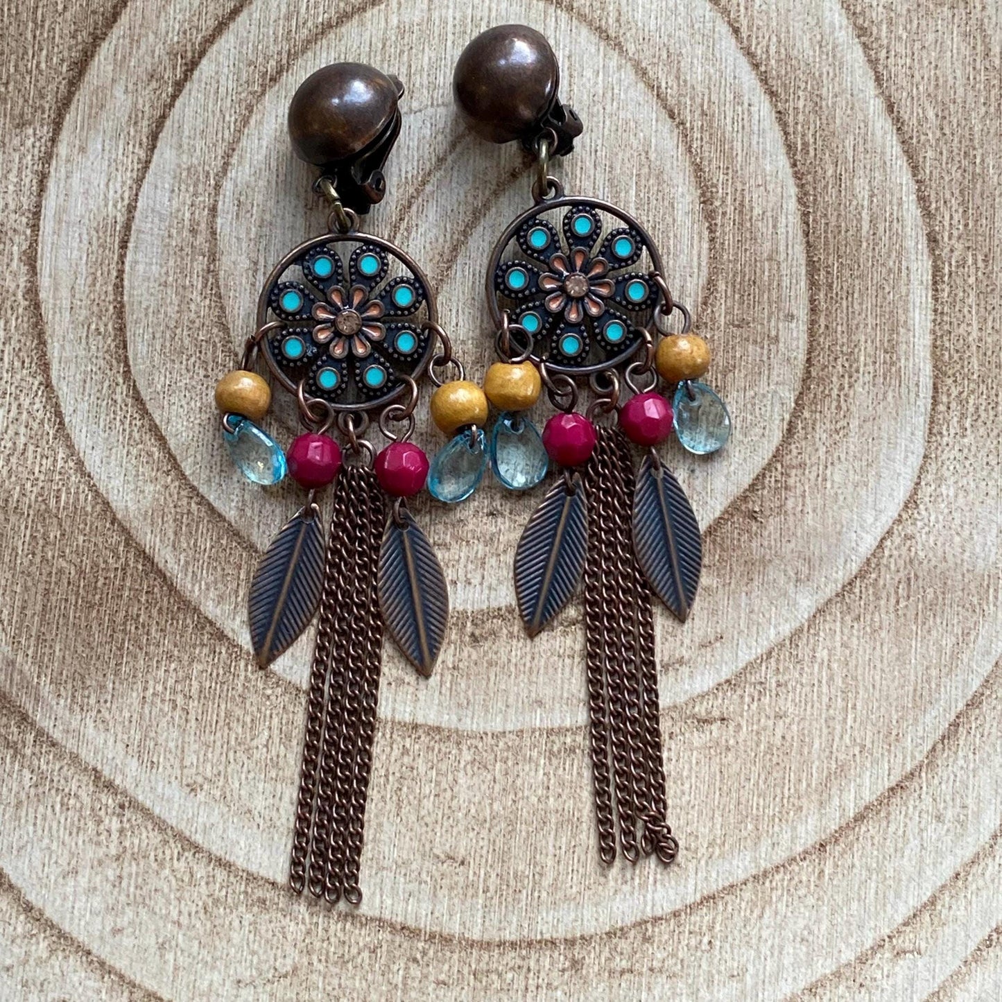 Dangling bronze floral medallion clip on earrings, festival earrings for unpierced ears