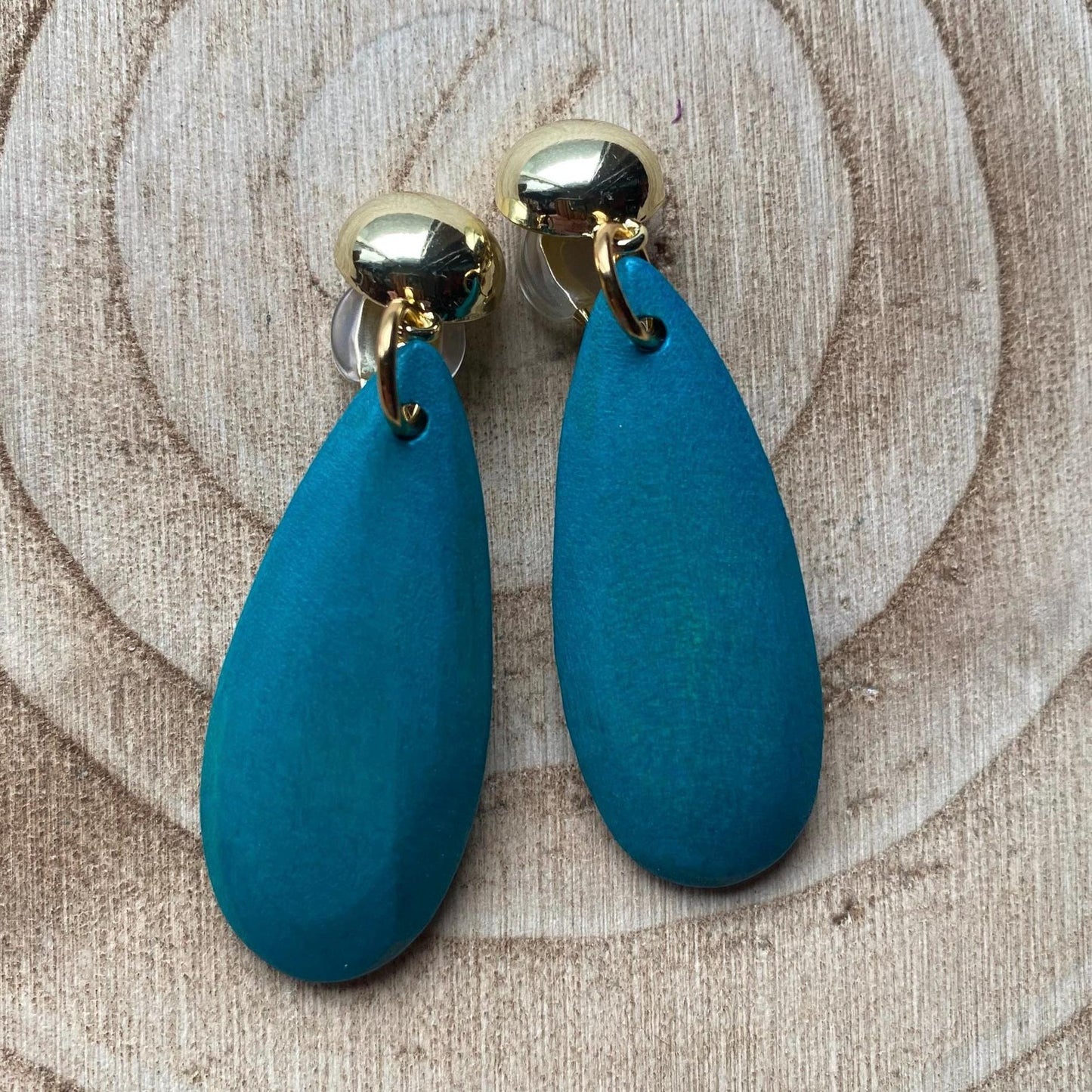 Clip on rustic wooden drop earrings, dangling pink or blue earrings