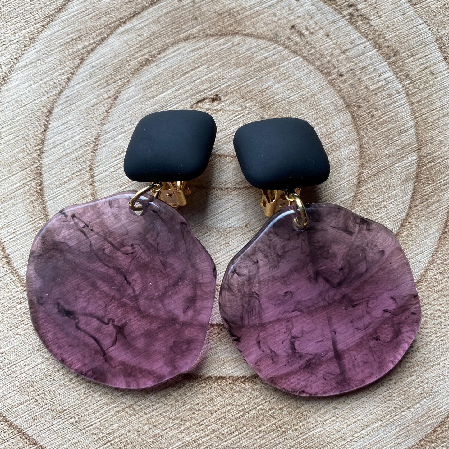 Clip on drop earrings, tortoiseshell, purple, green, blue earrings for unpierced ears