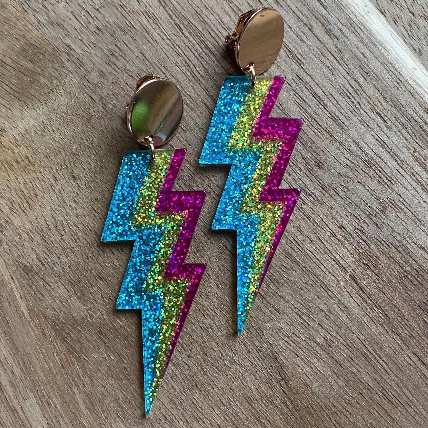 Dangling clip on earrings, plastic glitter lightning bolt earrings, large clip ons