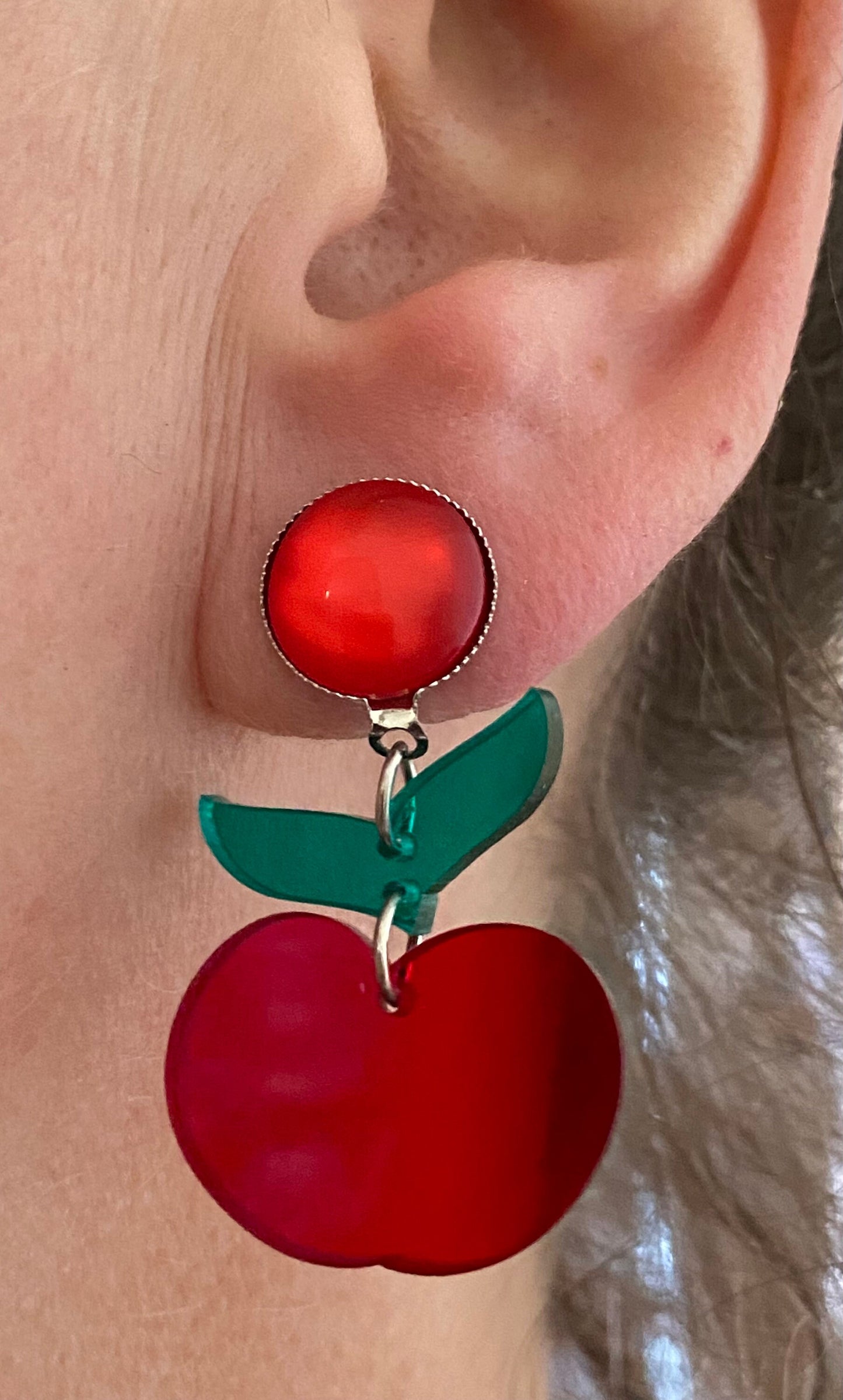 Dangling clip on red apple pendant earrings, translucent apple earrings, novelty clip on earrings