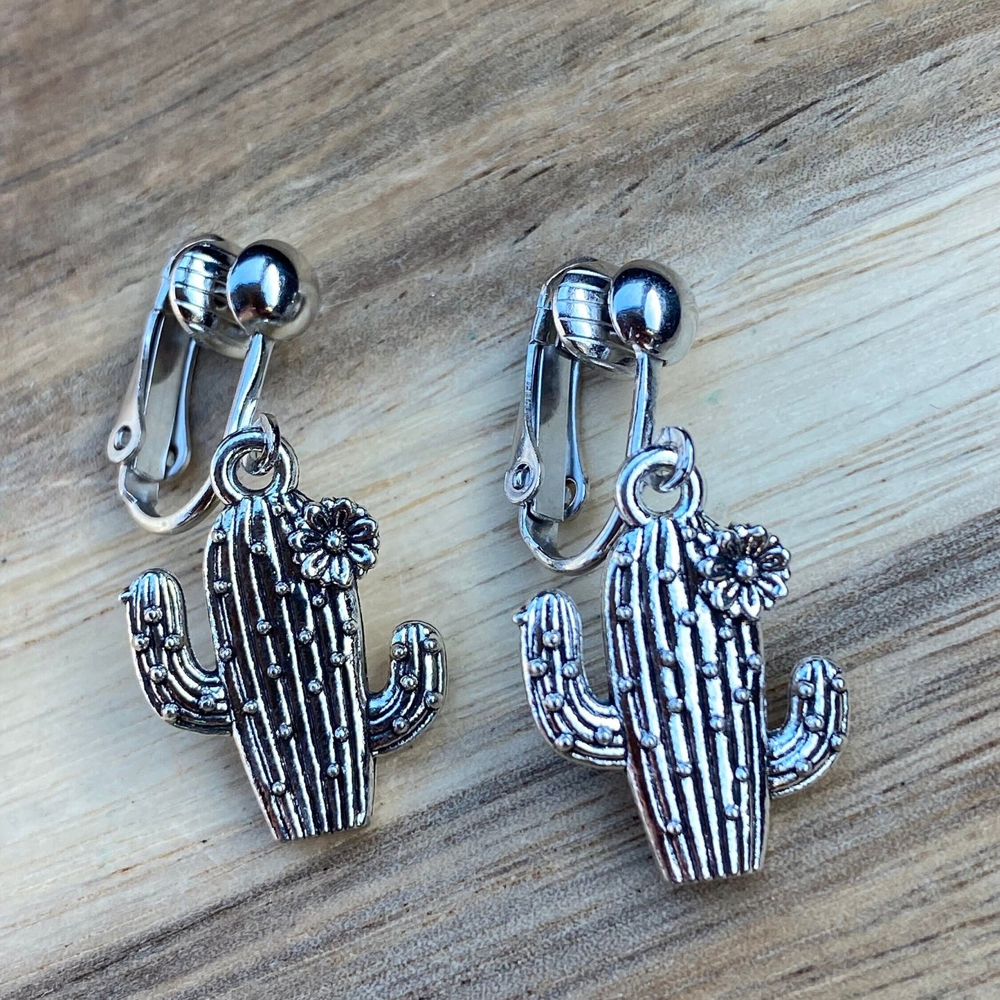 Dangling cactus clip on earrings, metal ear clips