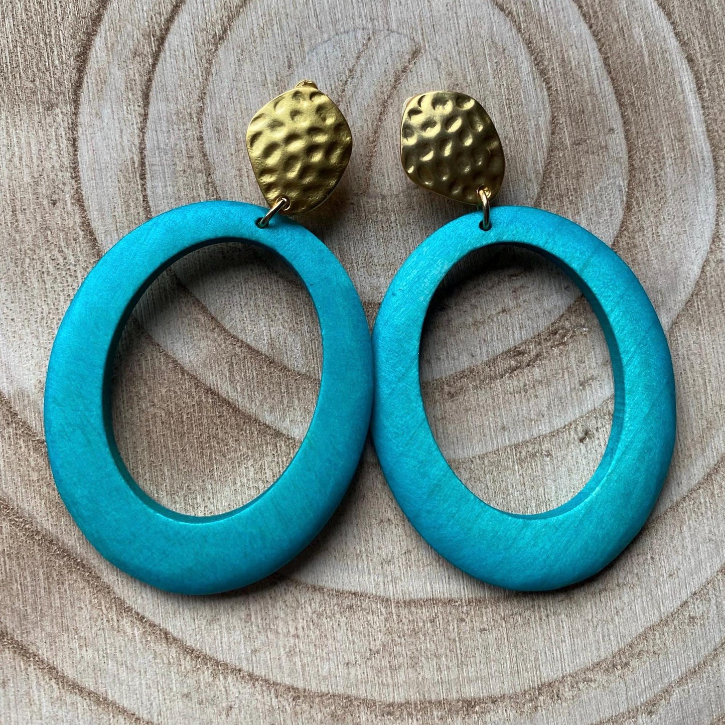 Large clip on rustic wooden hoop earrings, dangling pink or blue hoop earrings