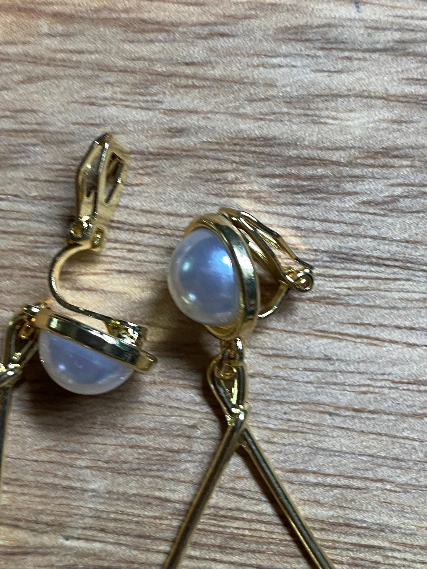 Dangling faux pearl clip on earrings, large clip on earrings