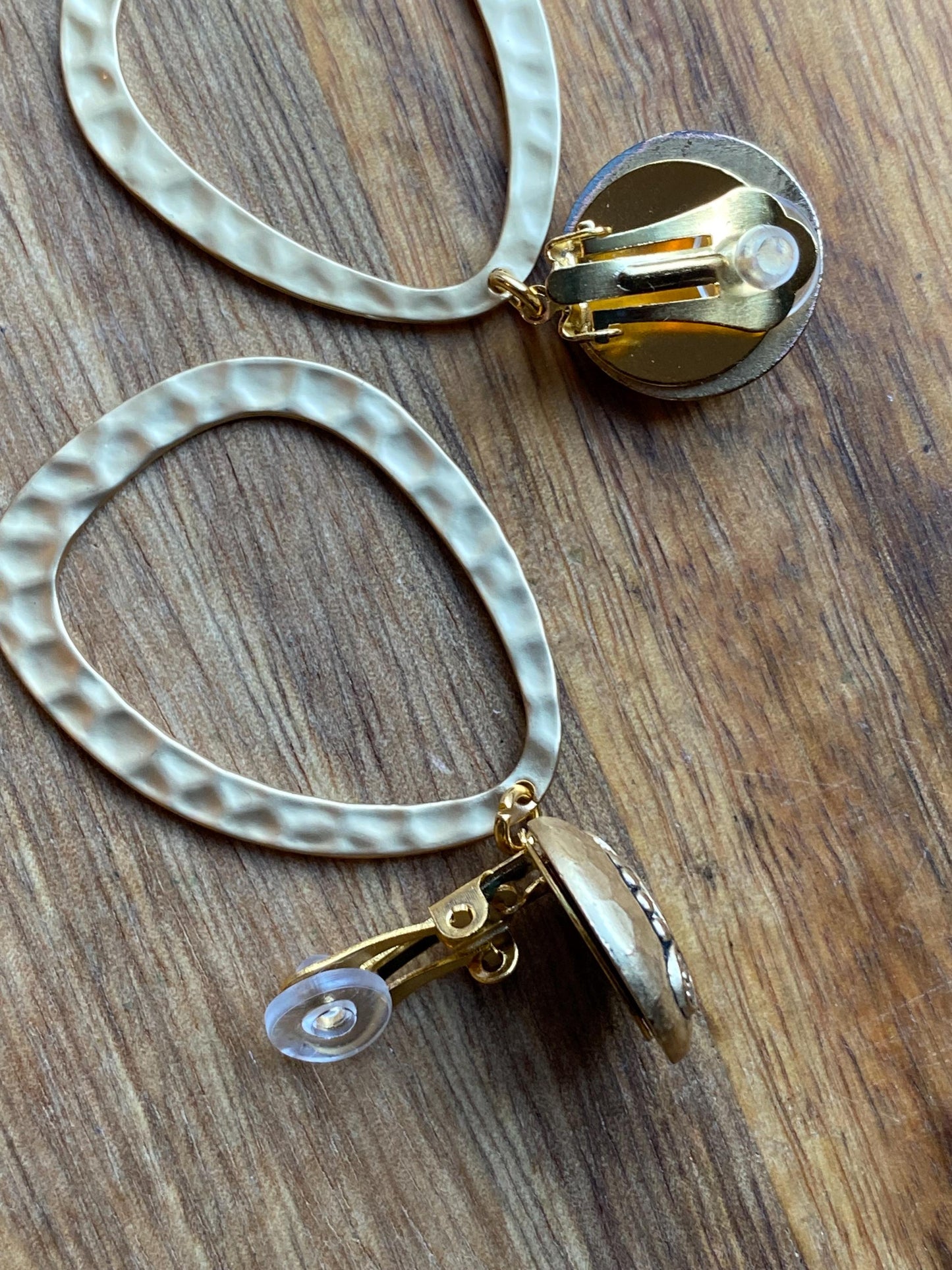 Dangling clip on hammered matte gold dangling hoop earrings, neutral dangle ear clips