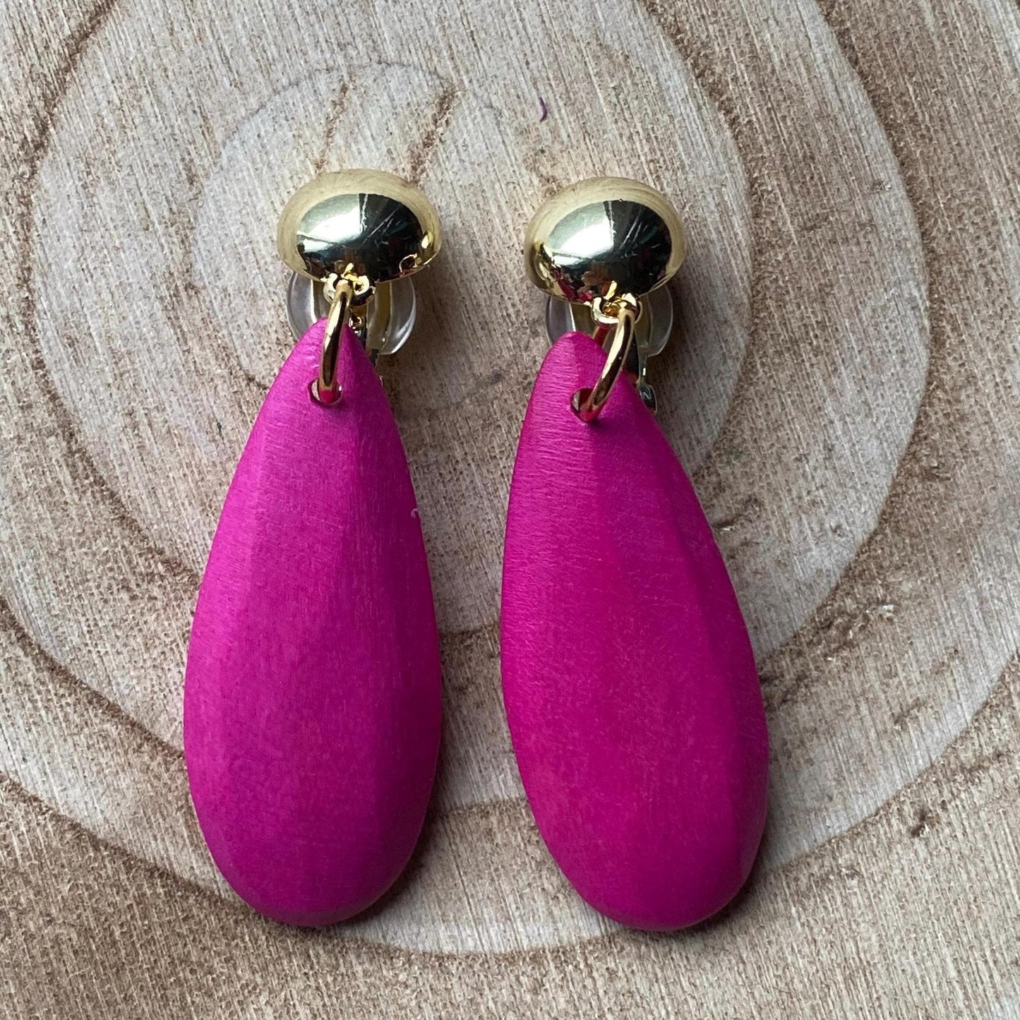Clip on rustic wooden drop earrings, dangling pink or blue earrings