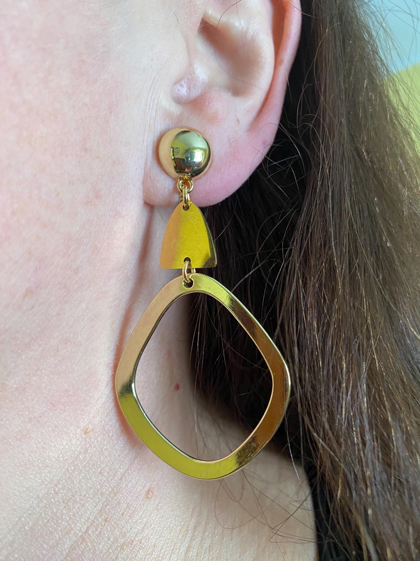 Dangling clip on gold hoop earrings, dangling geometric clip on hoop earrings
