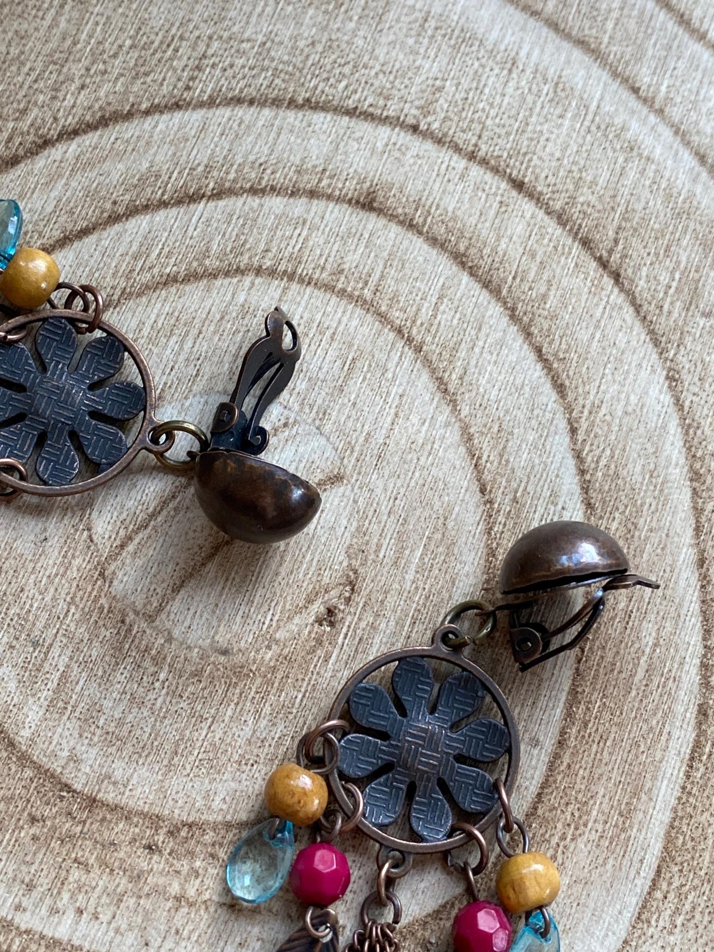 Dangling bronze floral medallion clip on earrings, festival earrings for unpierced ears