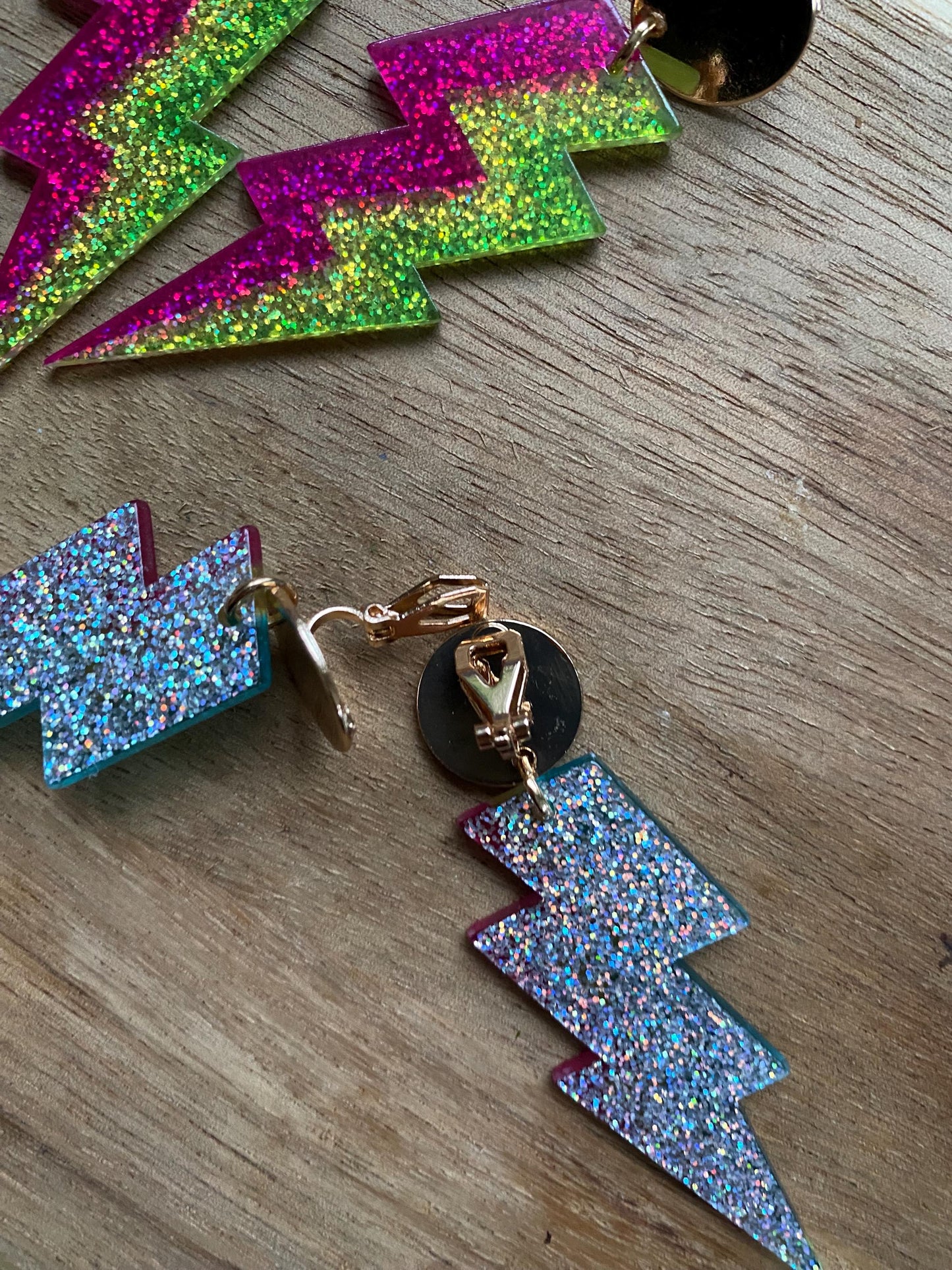 Dangling clip on earrings, plastic glitter lightning bolt earrings, large clip ons