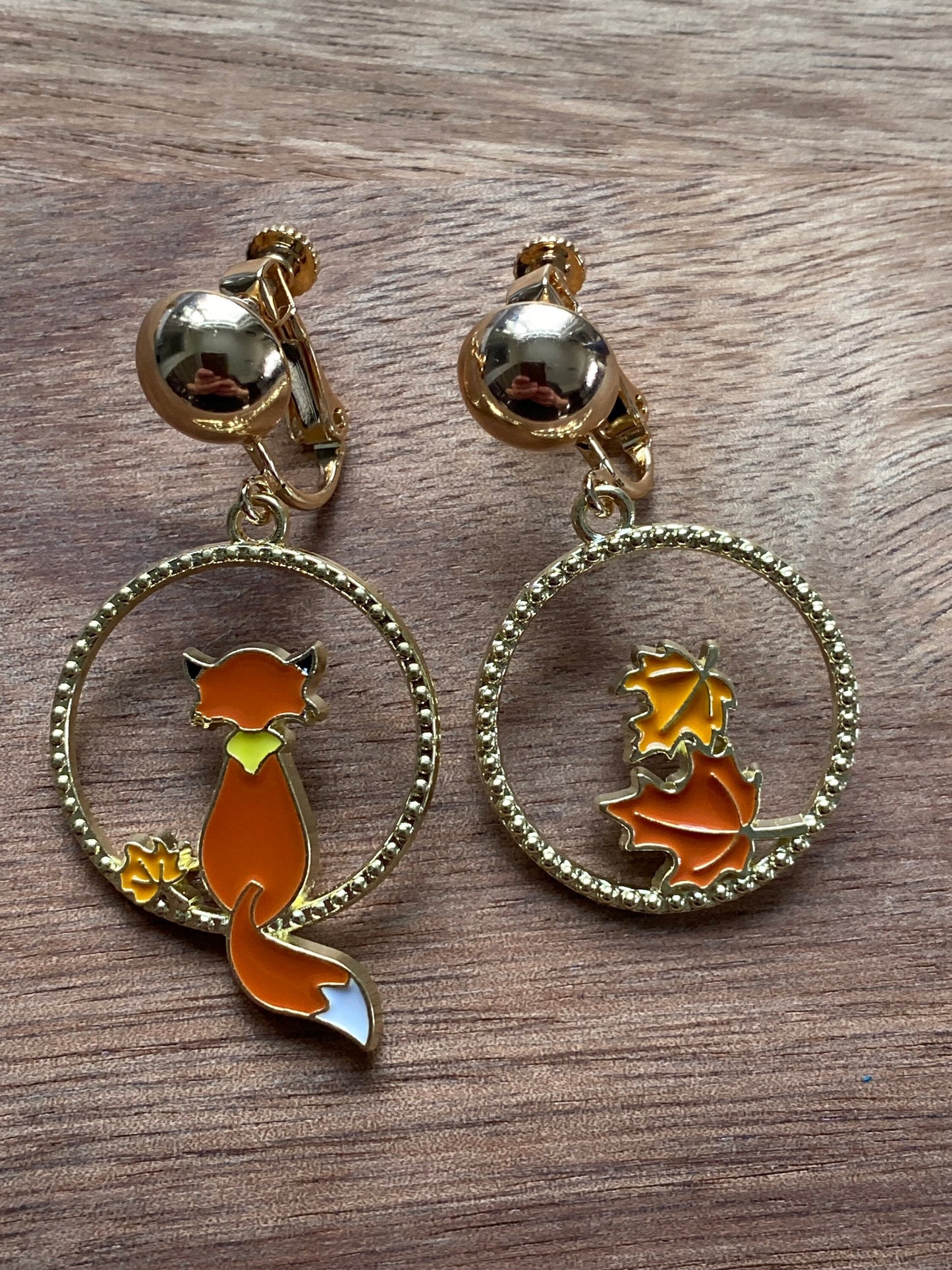 Dangling Asymmetrical autumn fox clip on earrings | fox screwback earrings