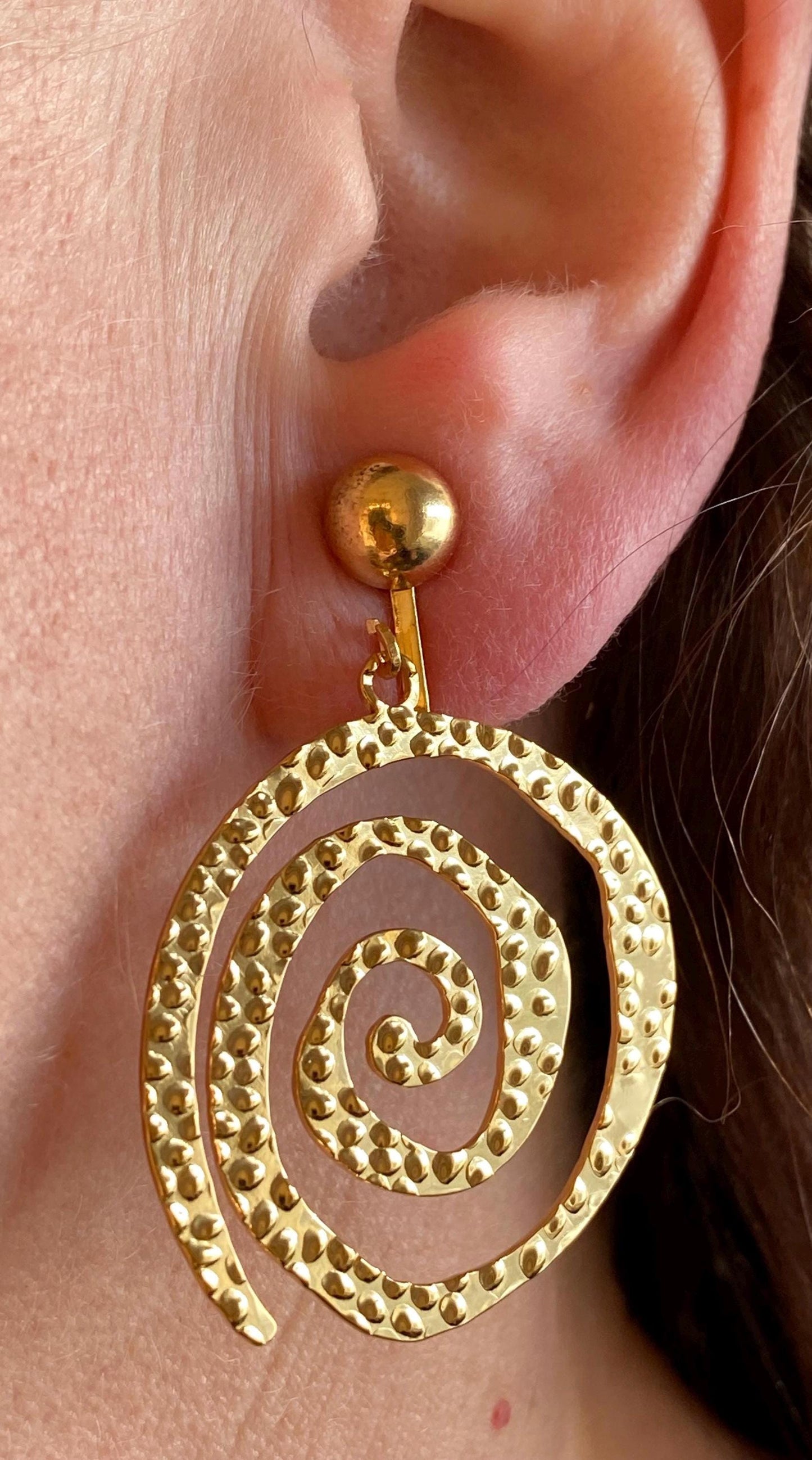 Dangling abstract gold or silver swirl clip on earrings