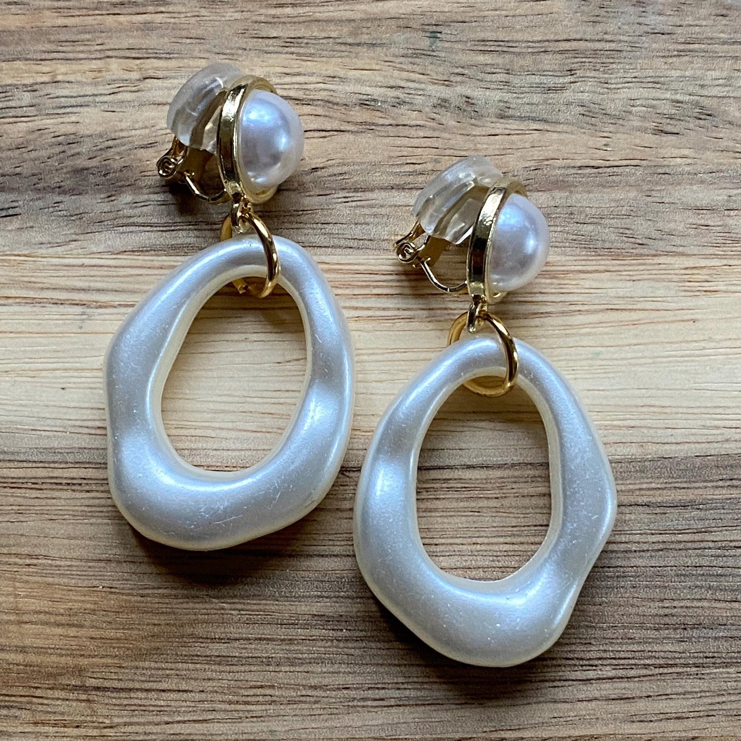 Clip on dangling faux pearl hoop earrings, irregular hoops