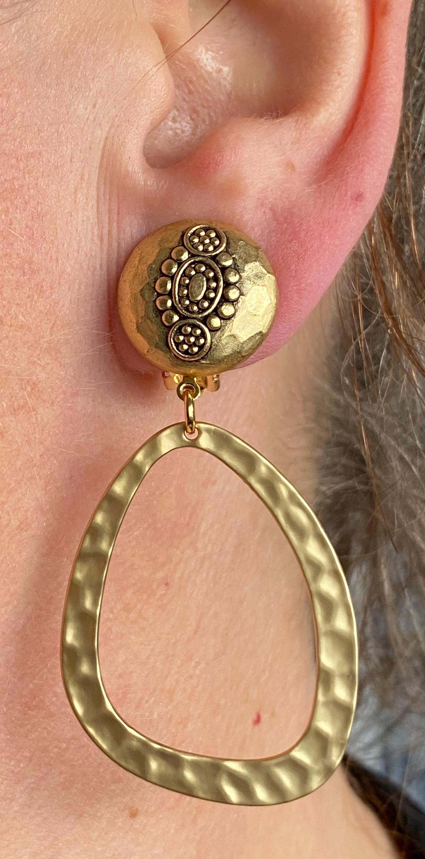 Dangling clip on hammered matte gold dangling hoop earrings, neutral dangle ear clips