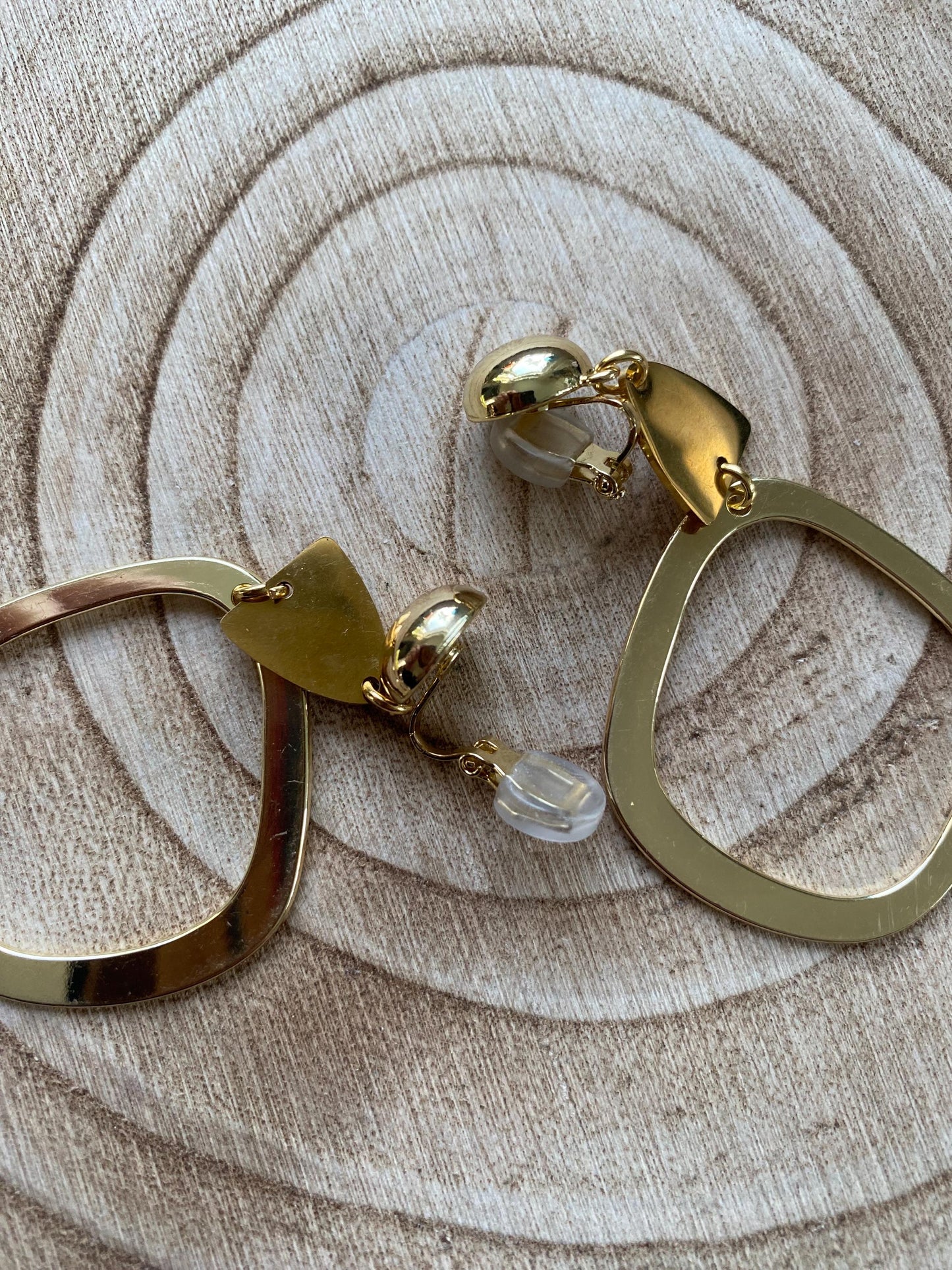 Dangling clip on gold hoop earrings, dangling geometric clip on hoop earrings
