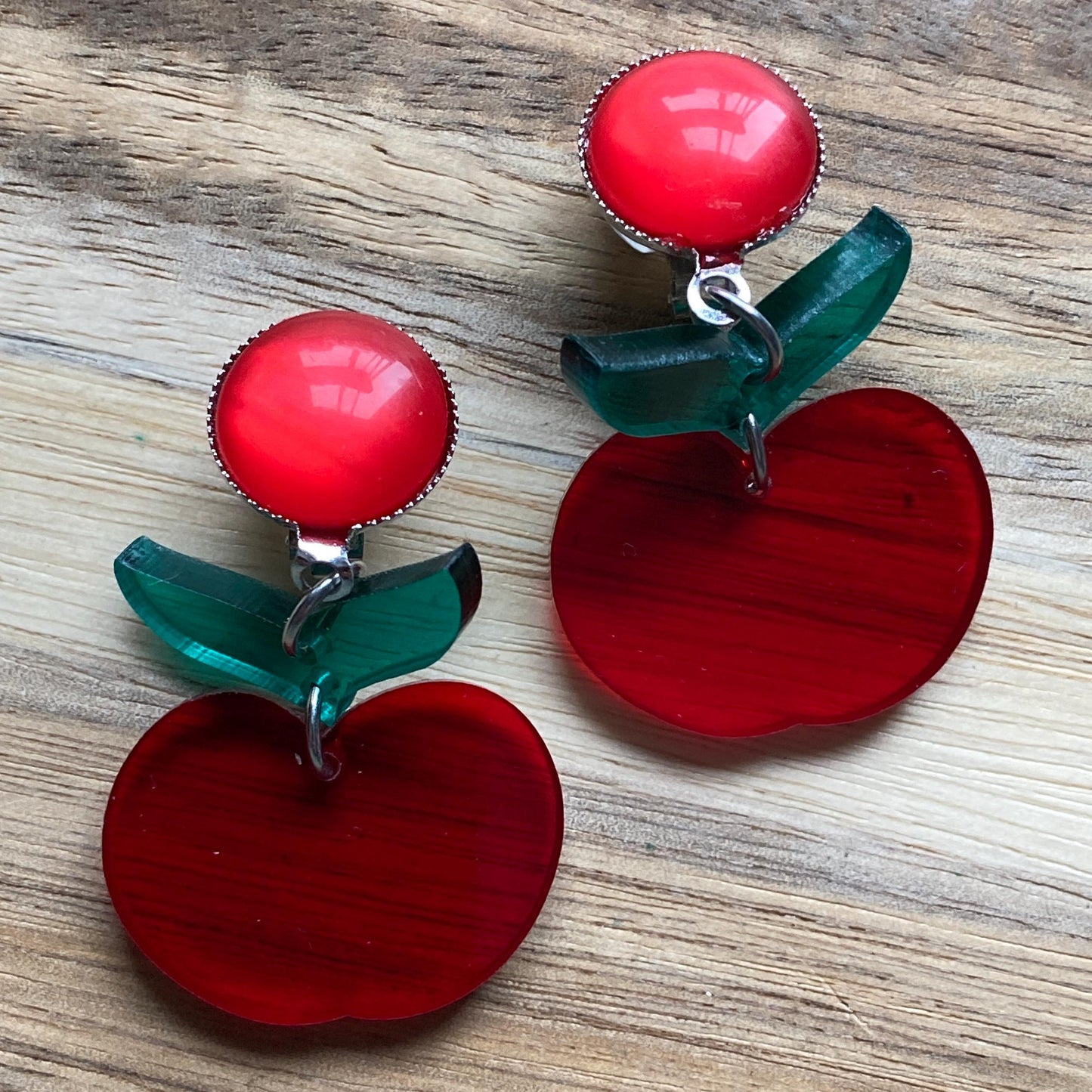 Dangling clip on red apple pendant earrings, translucent apple earrings, novelty clip on earrings