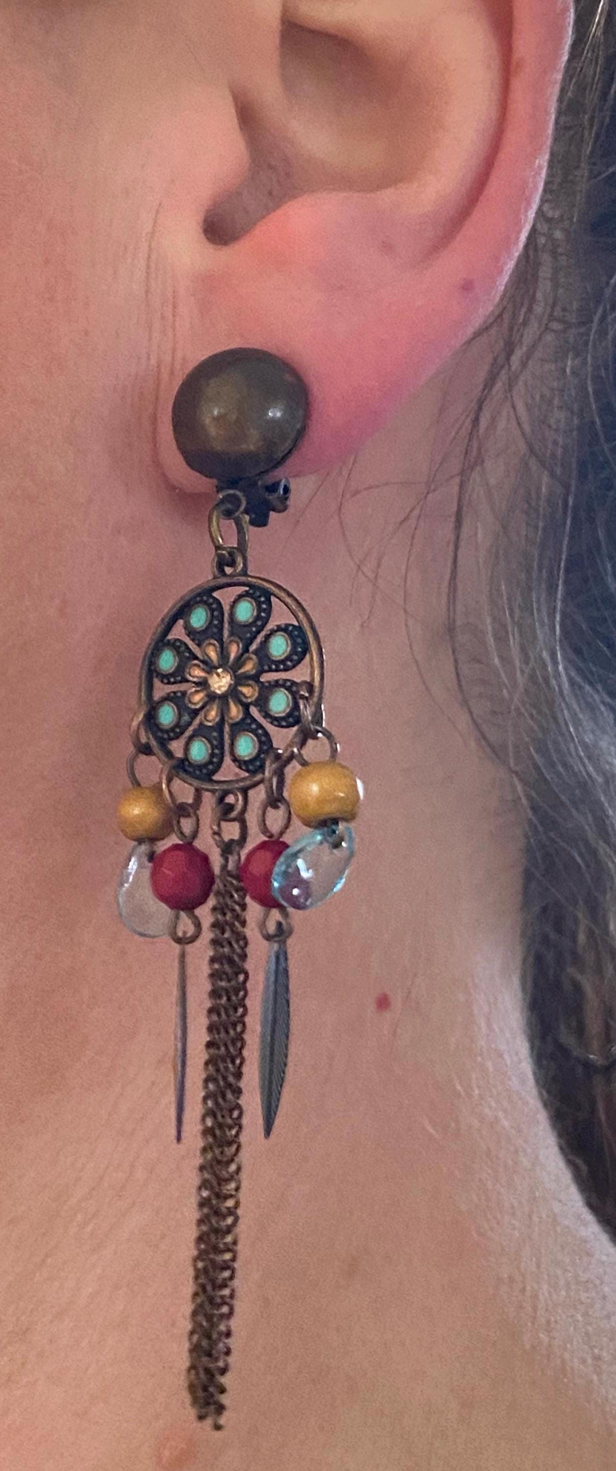 Dangling bronze floral medallion clip on earrings, festival earrings for unpierced ears