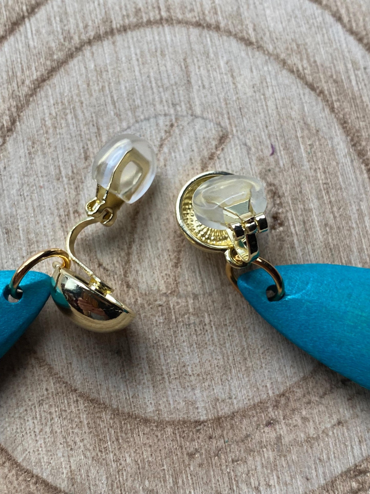 Clip on rustic wooden drop earrings, dangling pink or blue earrings
