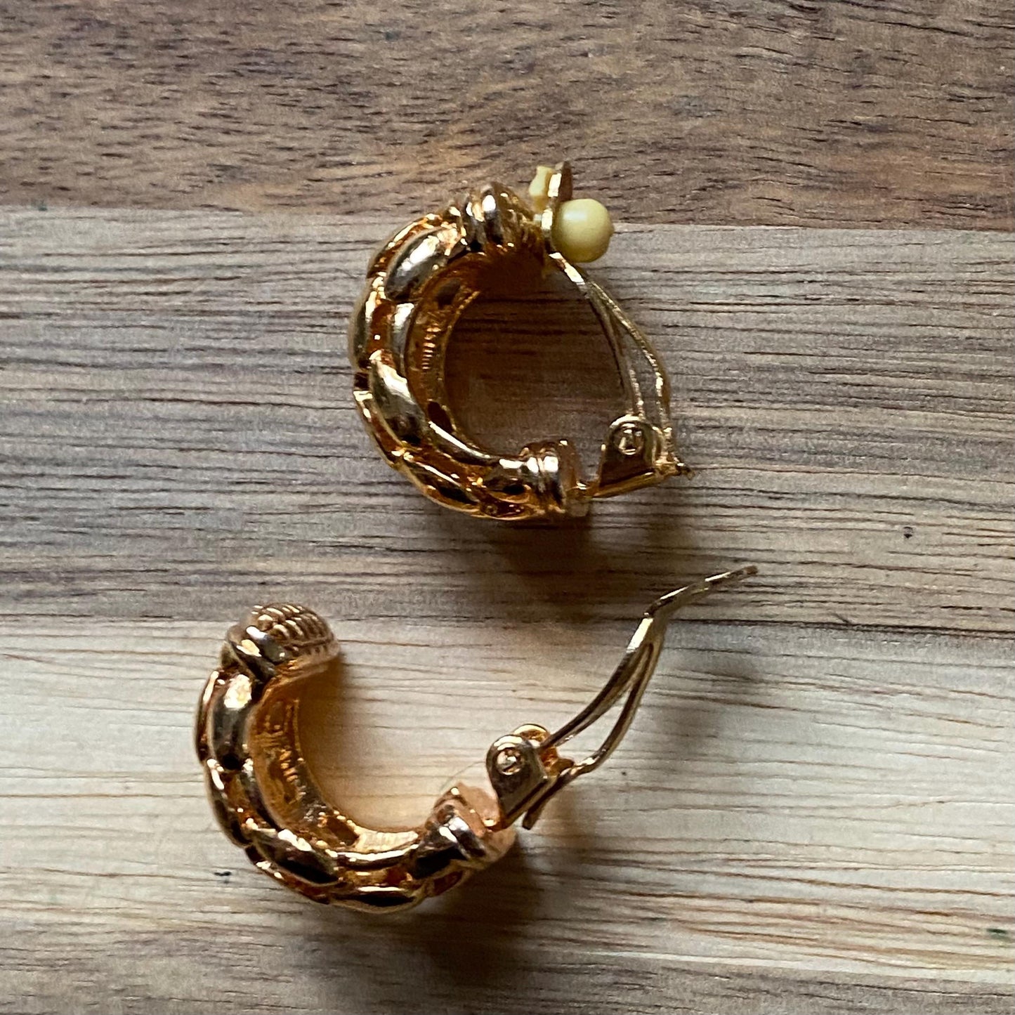 Vintage gold clip on half hoop earrings with a woven texture