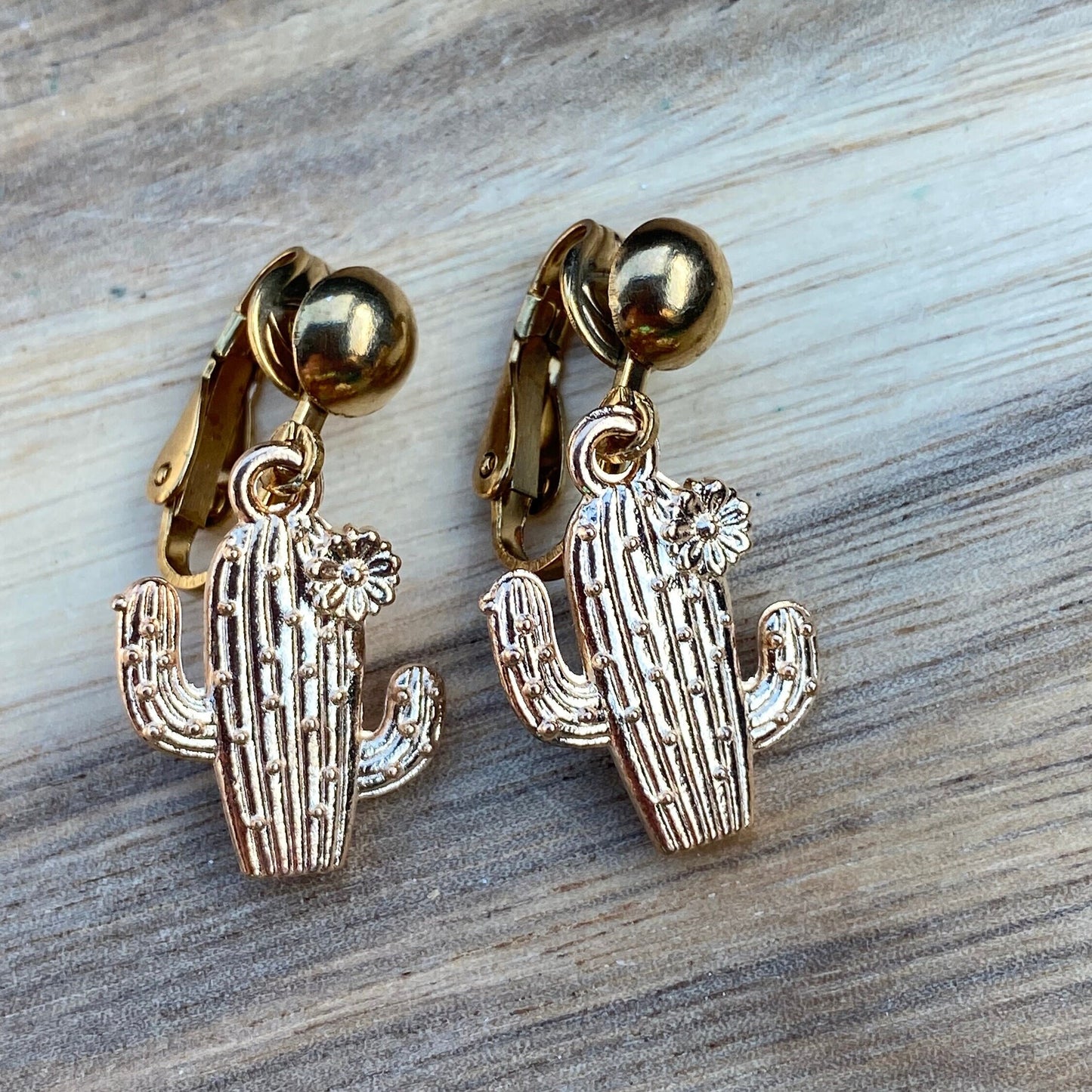 Dangling cactus clip on earrings, metal ear clips