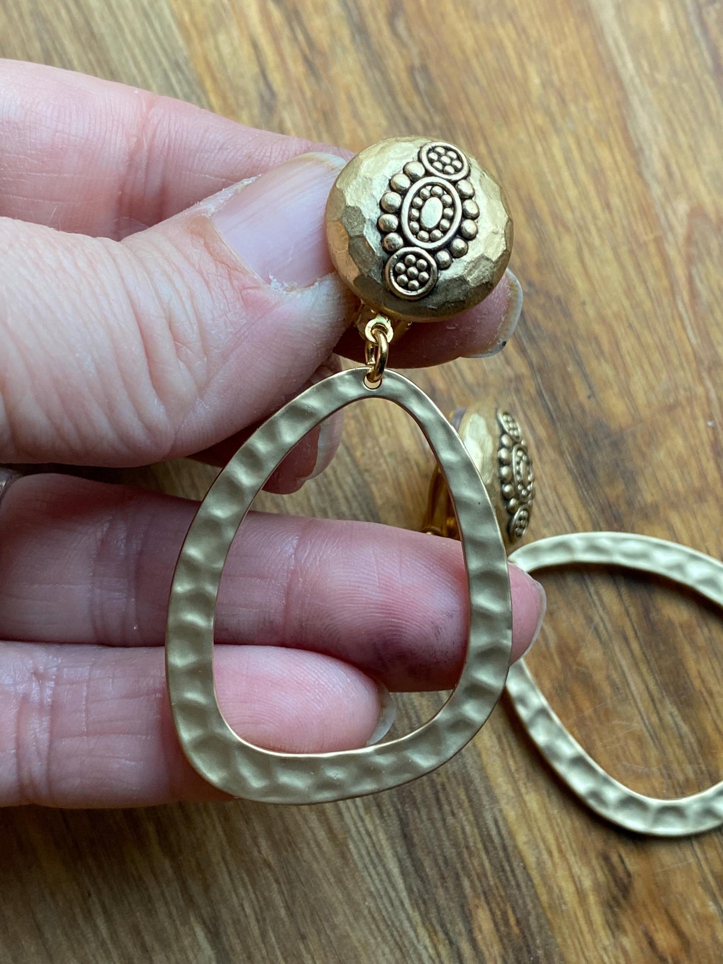 Dangling clip on hammered matte gold dangling hoop earrings, neutral dangle ear clips