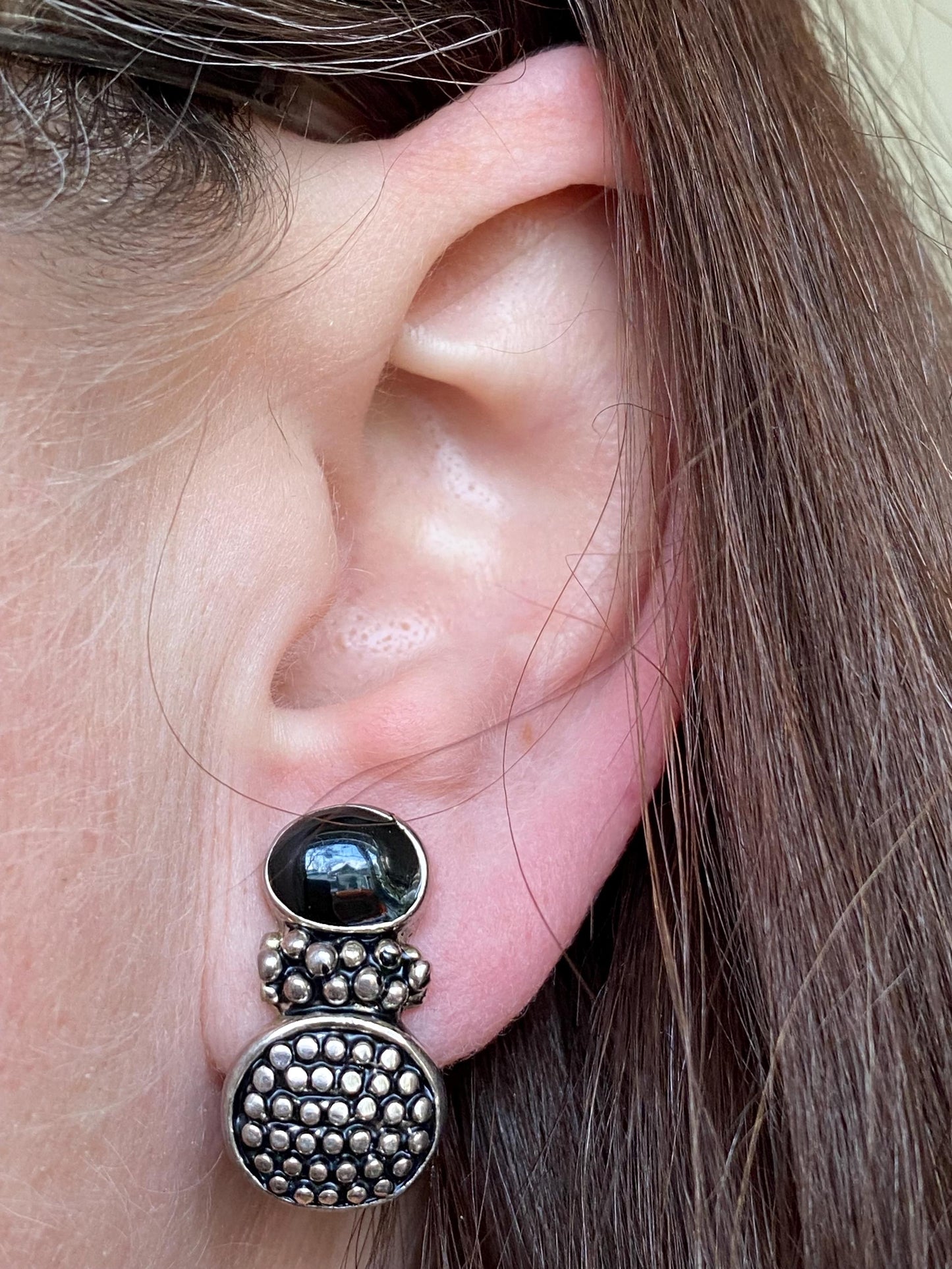 Vintage clip on black and silver earrings, wardrobe essentials