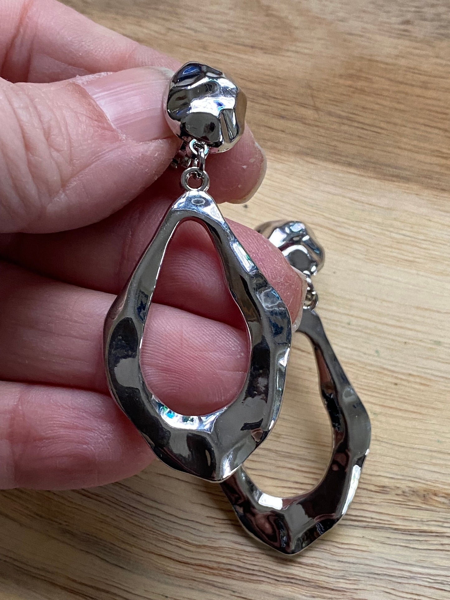 Dangling clip on silver teardrop hoop earrings, modern clip on earrings