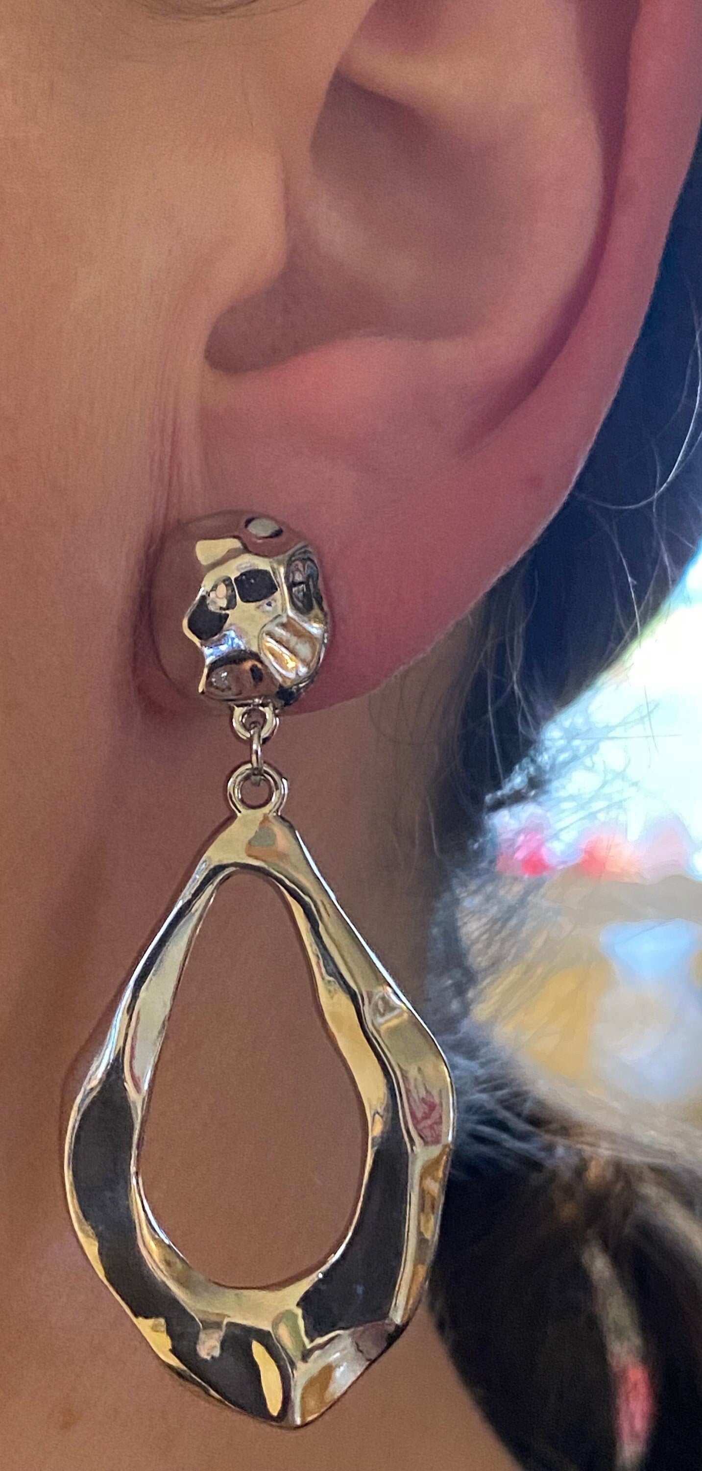 Dangling clip on silver teardrop hoop earrings, modern clip on earrings