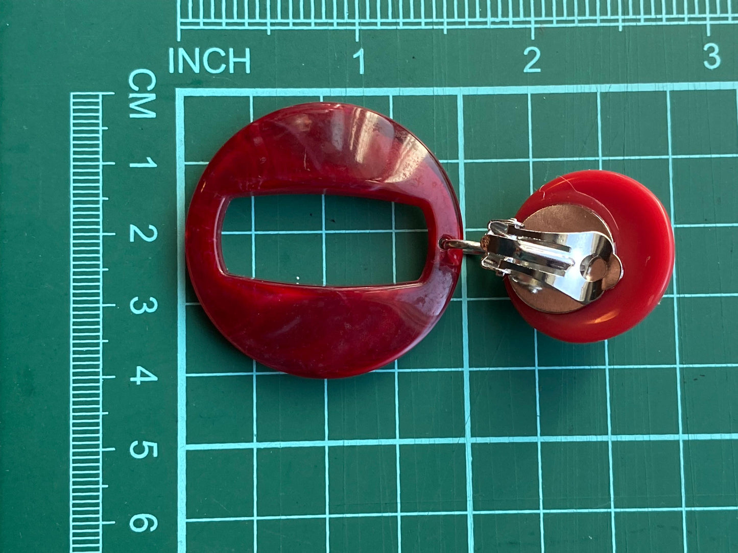 Large clip on red dangle earrings, chunky modern marbled ear clips
