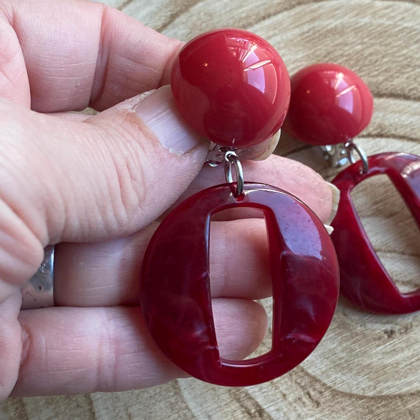 Large clip on red dangle earrings, chunky modern marbled ear clips