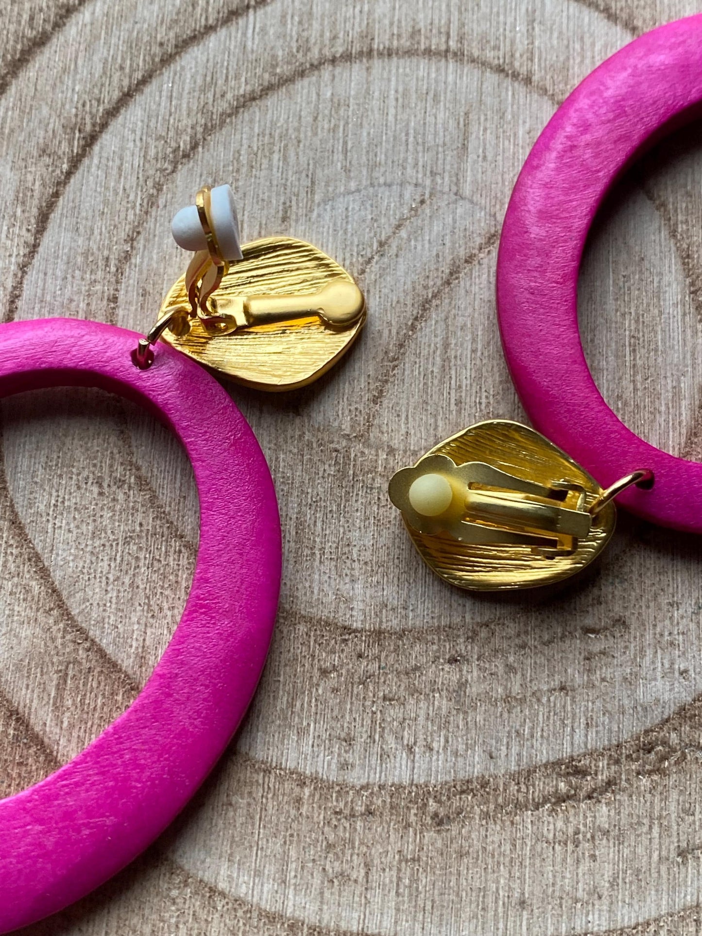 Large clip on rustic wooden hoop earrings, dangling pink or blue hoop earrings