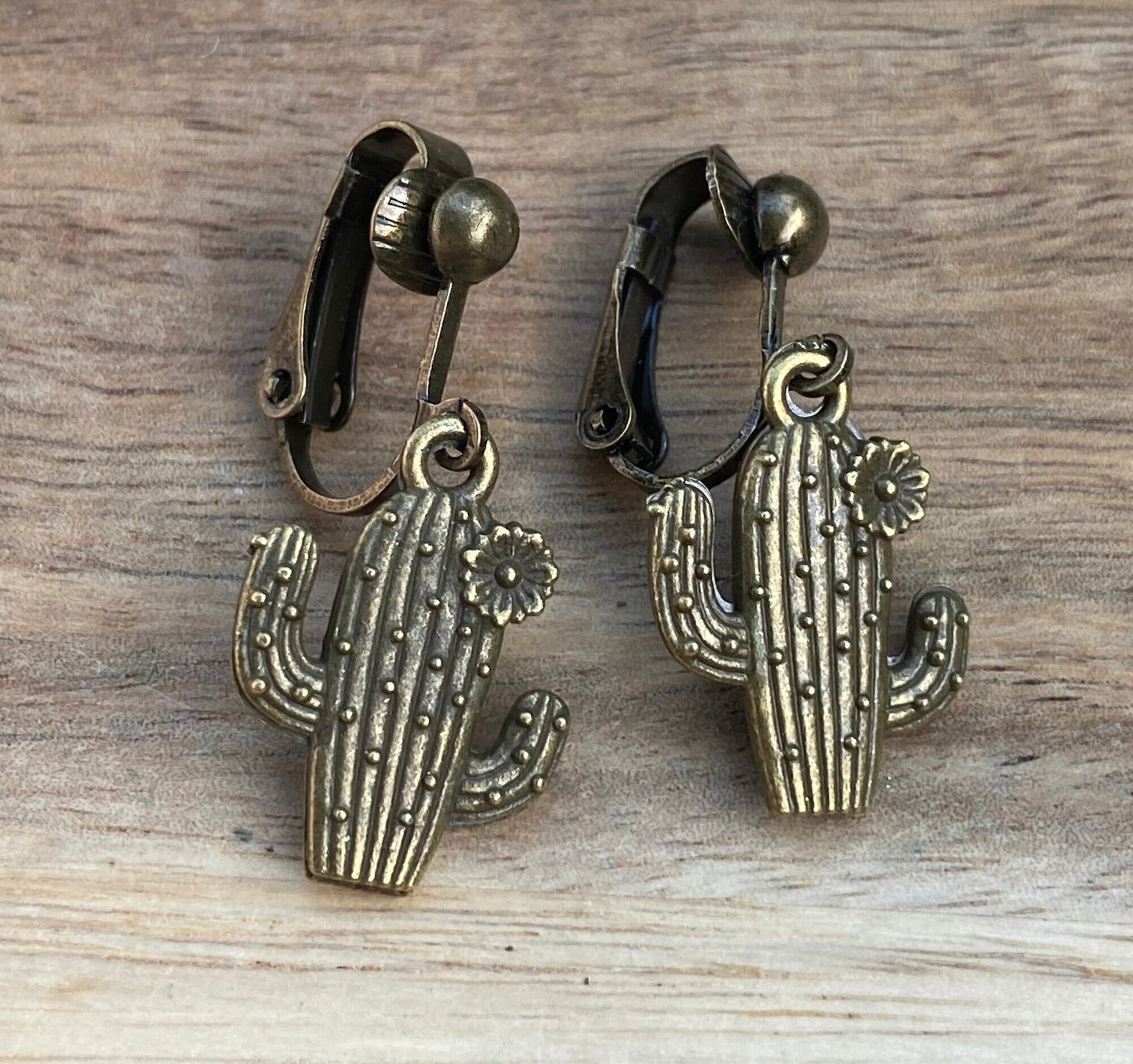 Dangling cactus clip on earrings, metal ear clips