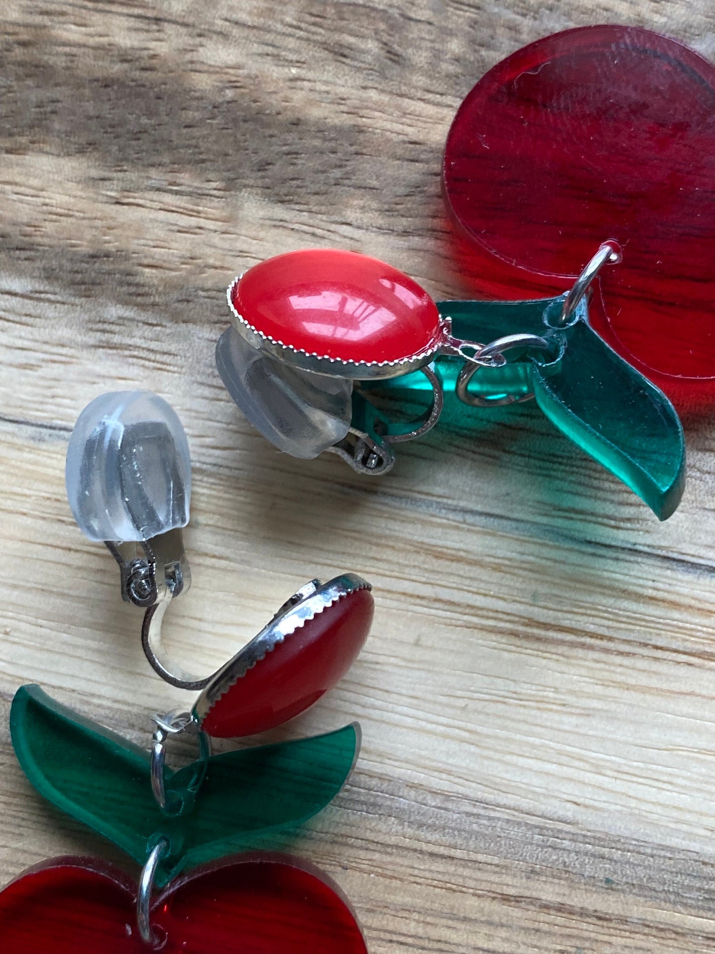 Dangling clip on red apple pendant earrings, translucent apple earrings, novelty clip on earrings
