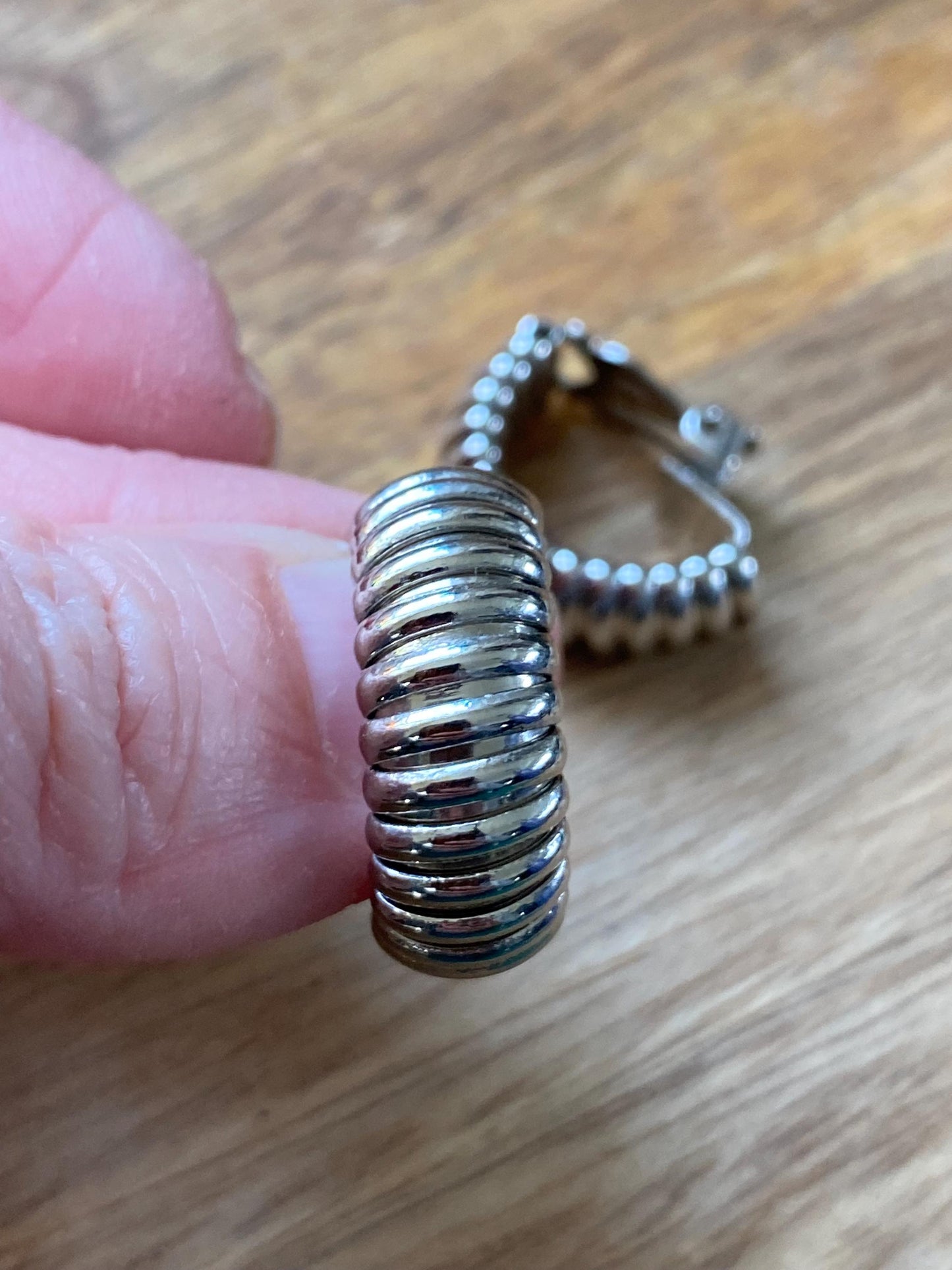 Vintage silver ribbed clip on earrings, half hoop earrings