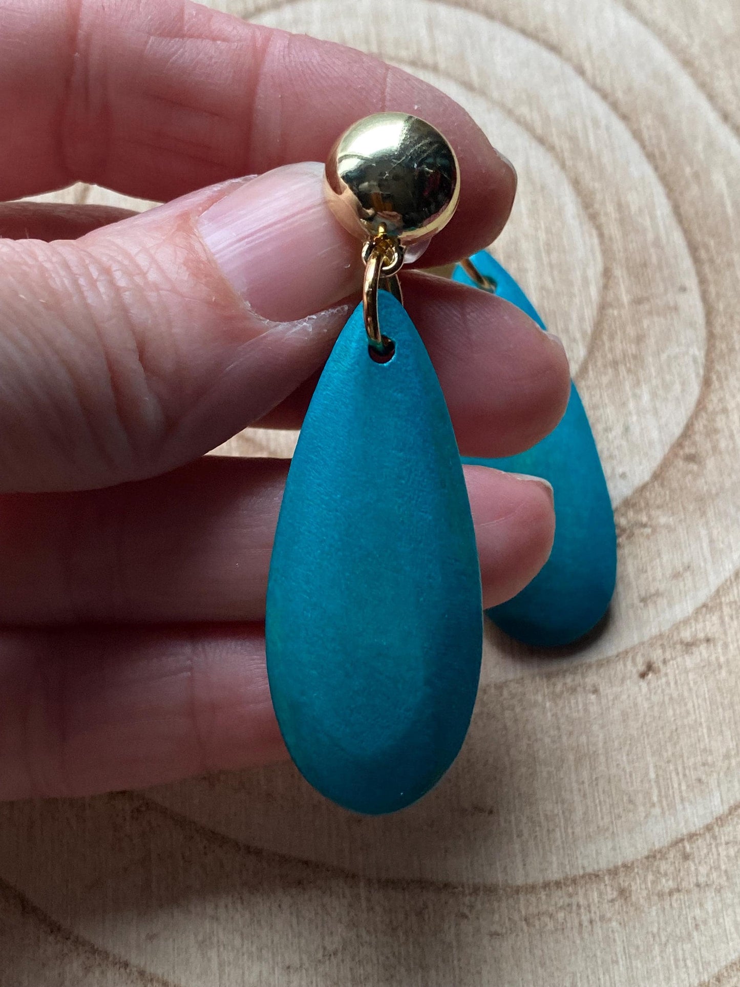 Clip on rustic wooden drop earrings, dangling pink or blue earrings