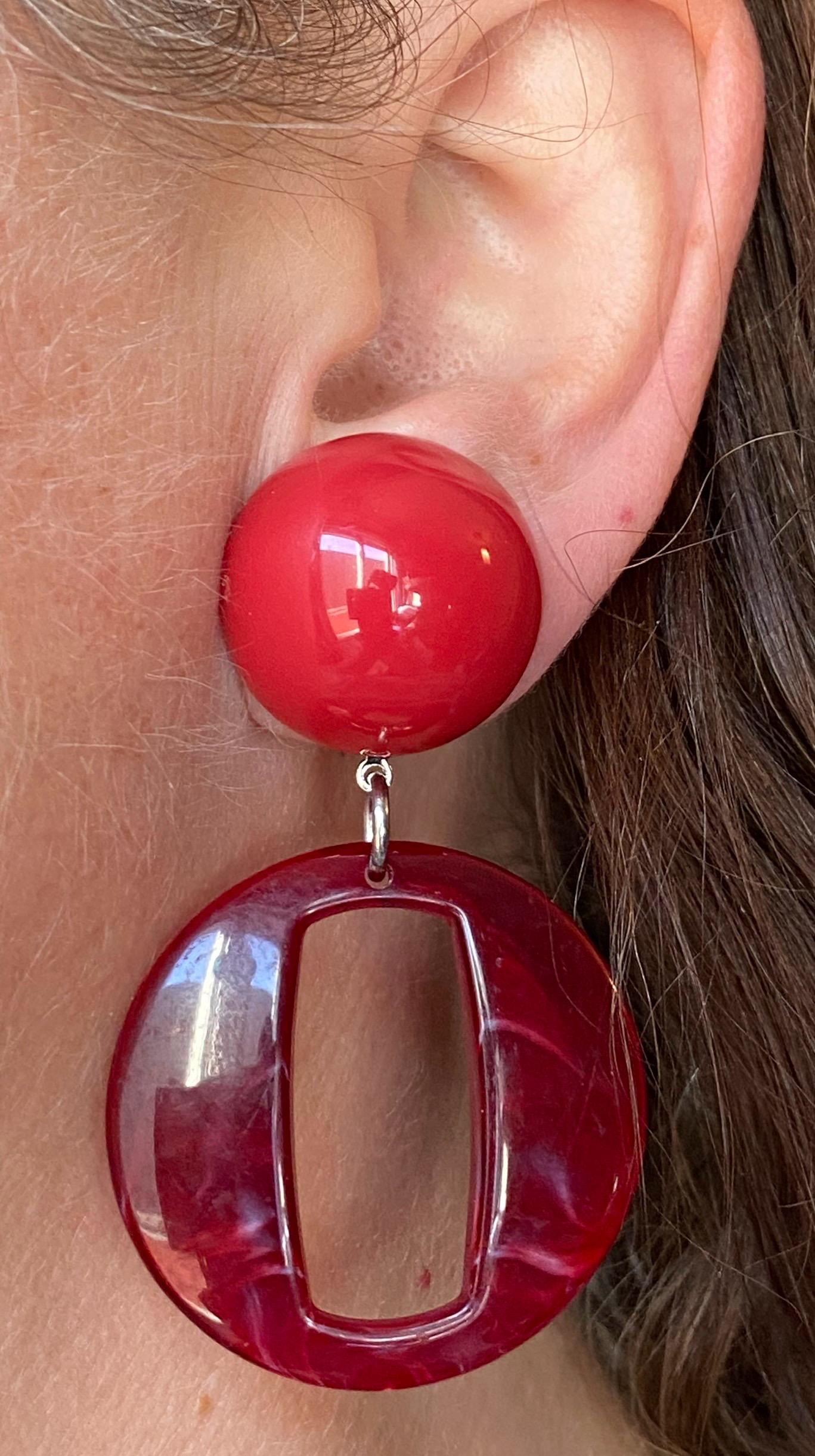 Large clip on red dangle earrings, chunky modern marbled ear clips