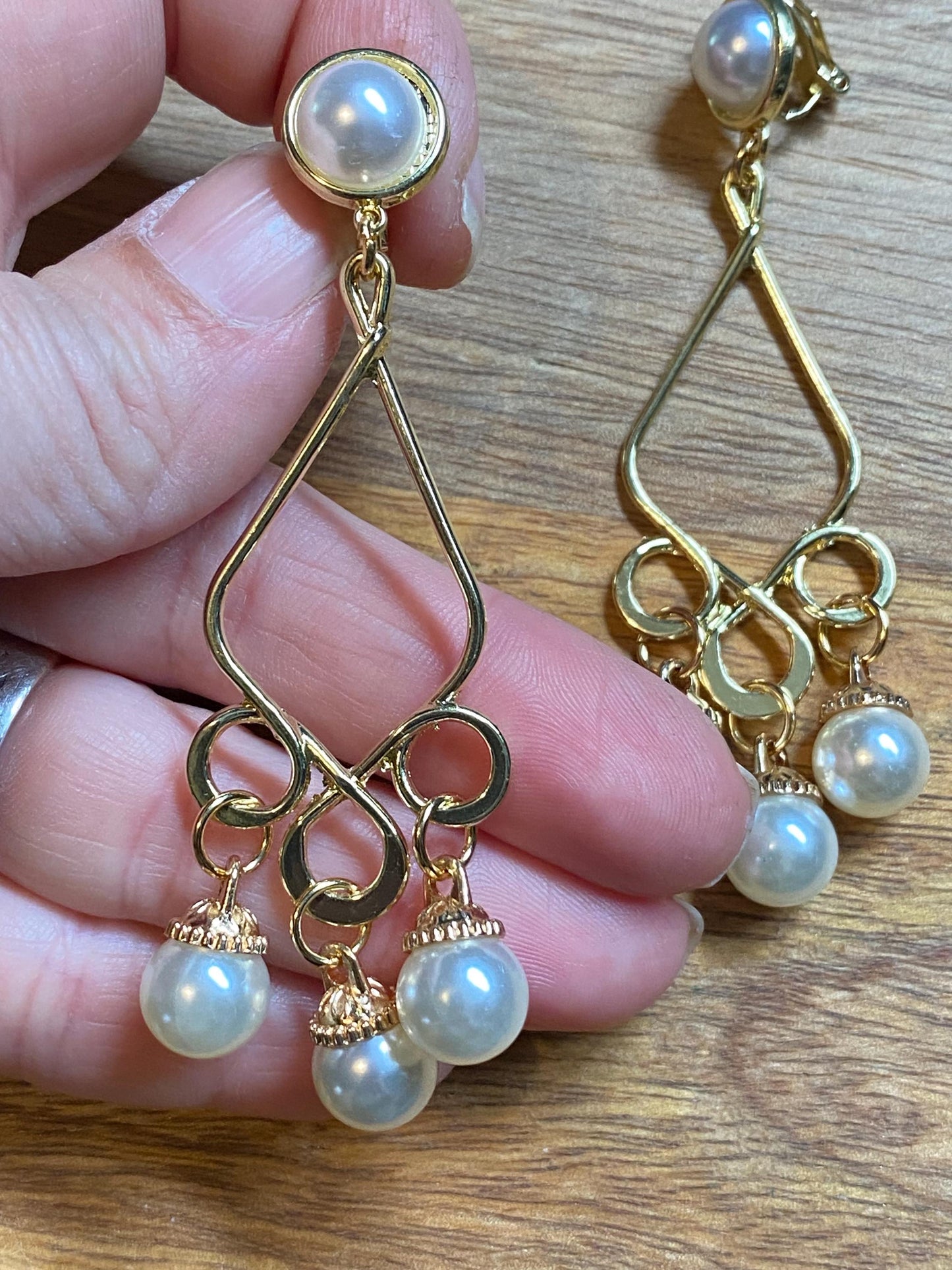 Dangling faux pearl clip on earrings, large clip on earrings