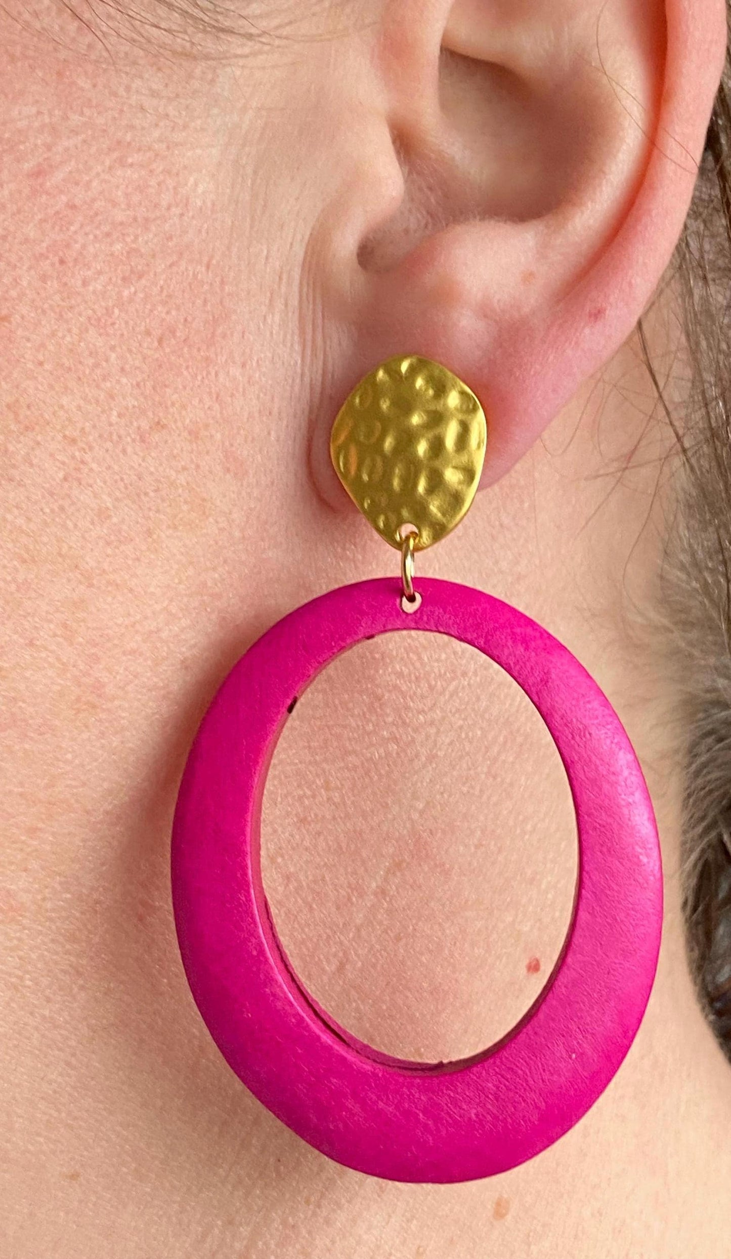 Large clip on rustic wooden hoop earrings, dangling pink or blue hoop earrings