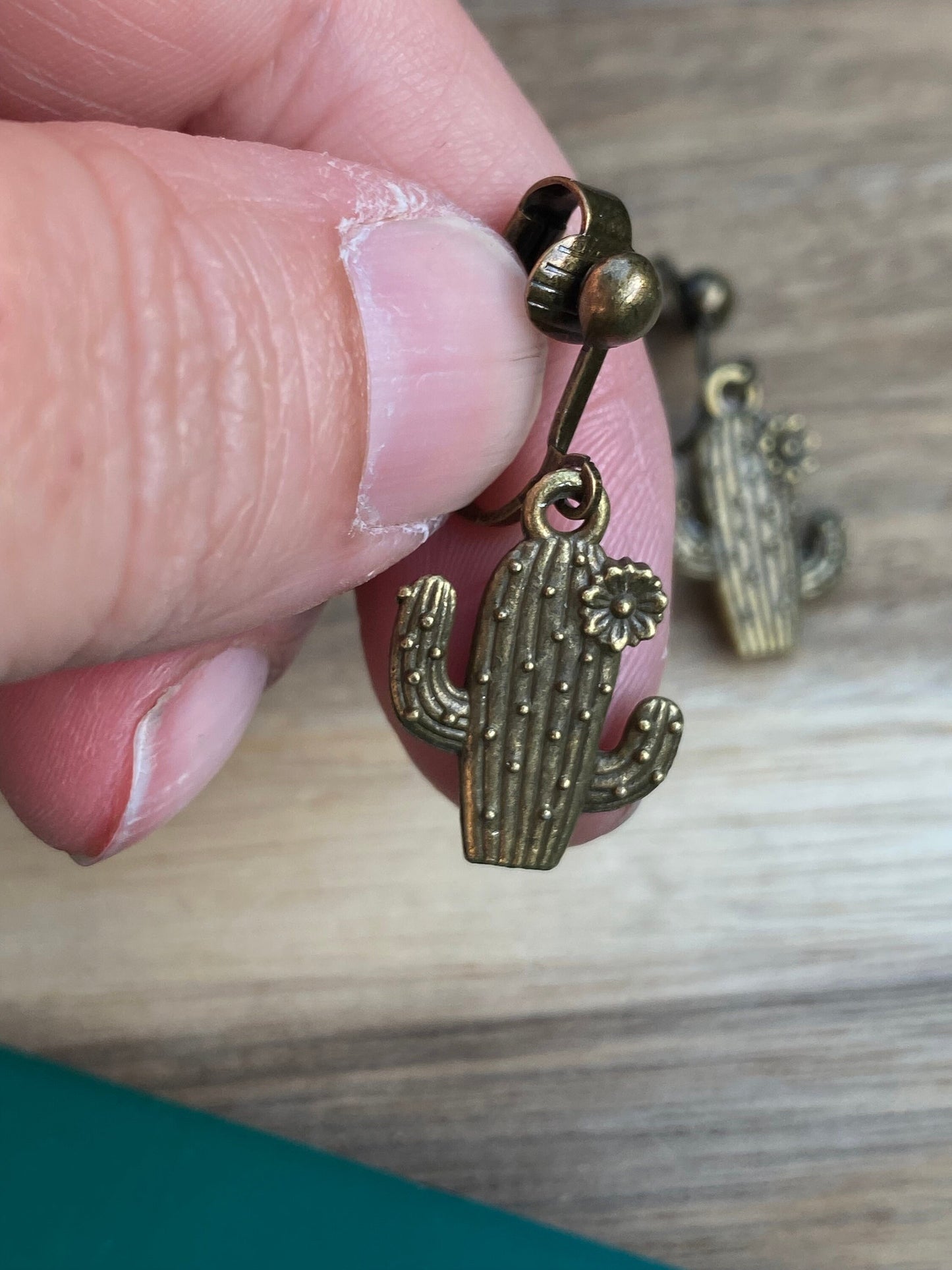 Dangling cactus clip on earrings, metal ear clips