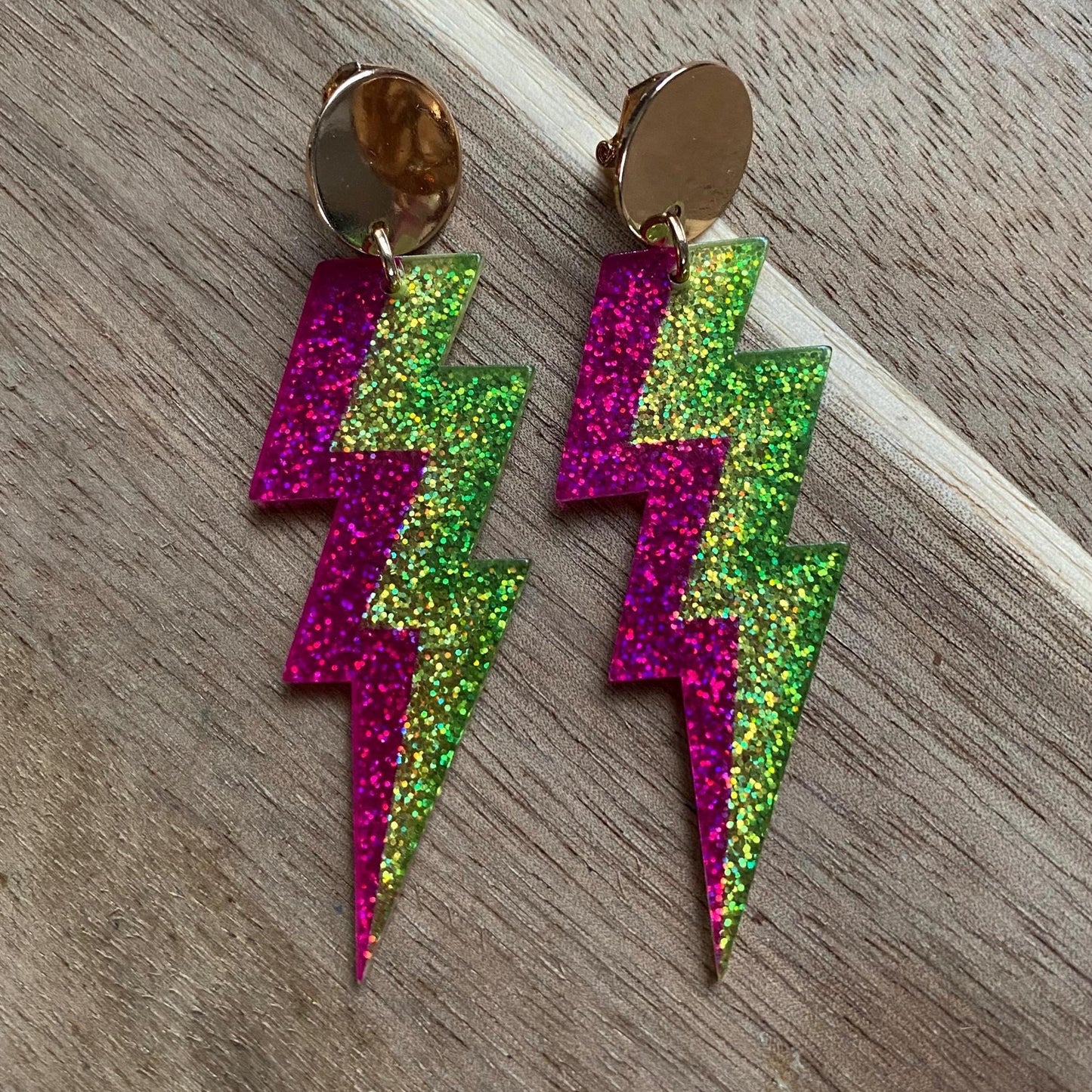 Dangling clip on earrings, plastic glitter lightning bolt earrings, large clip ons