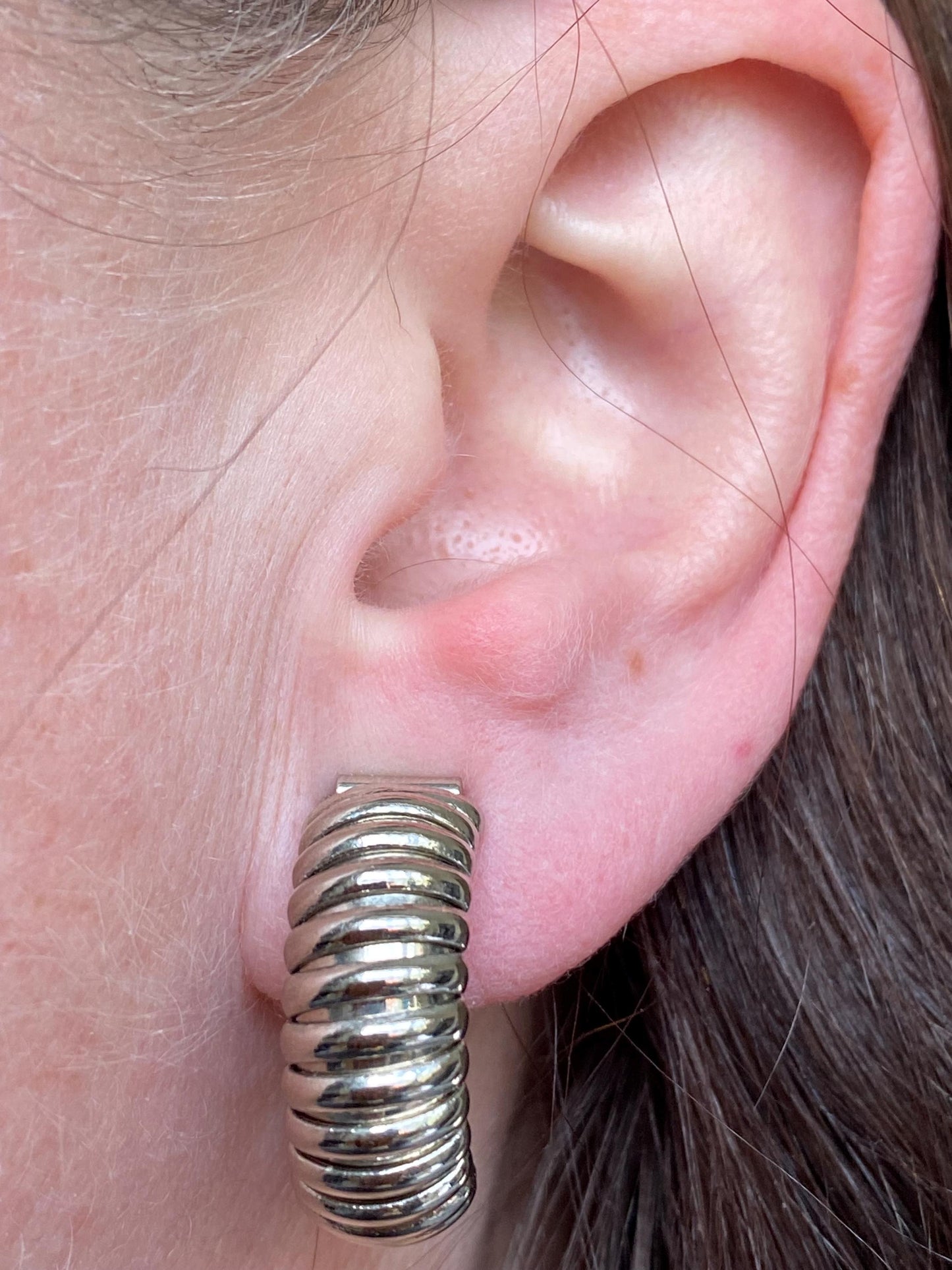 Vintage silver ribbed clip on earrings, half hoop earrings