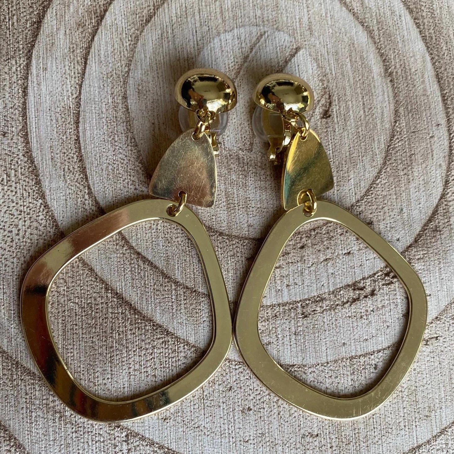 Dangling clip on gold hoop earrings, dangling geometric clip on hoop earrings