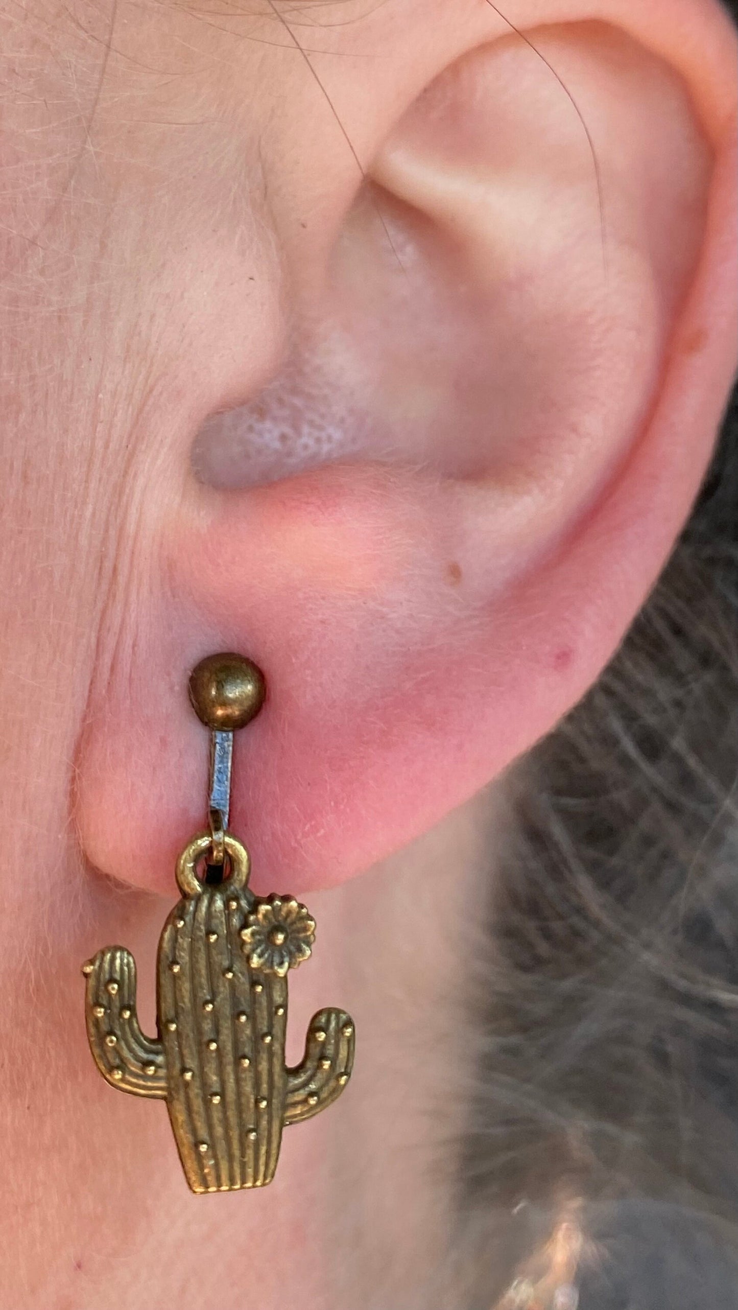 Dangling cactus clip on earrings, metal ear clips