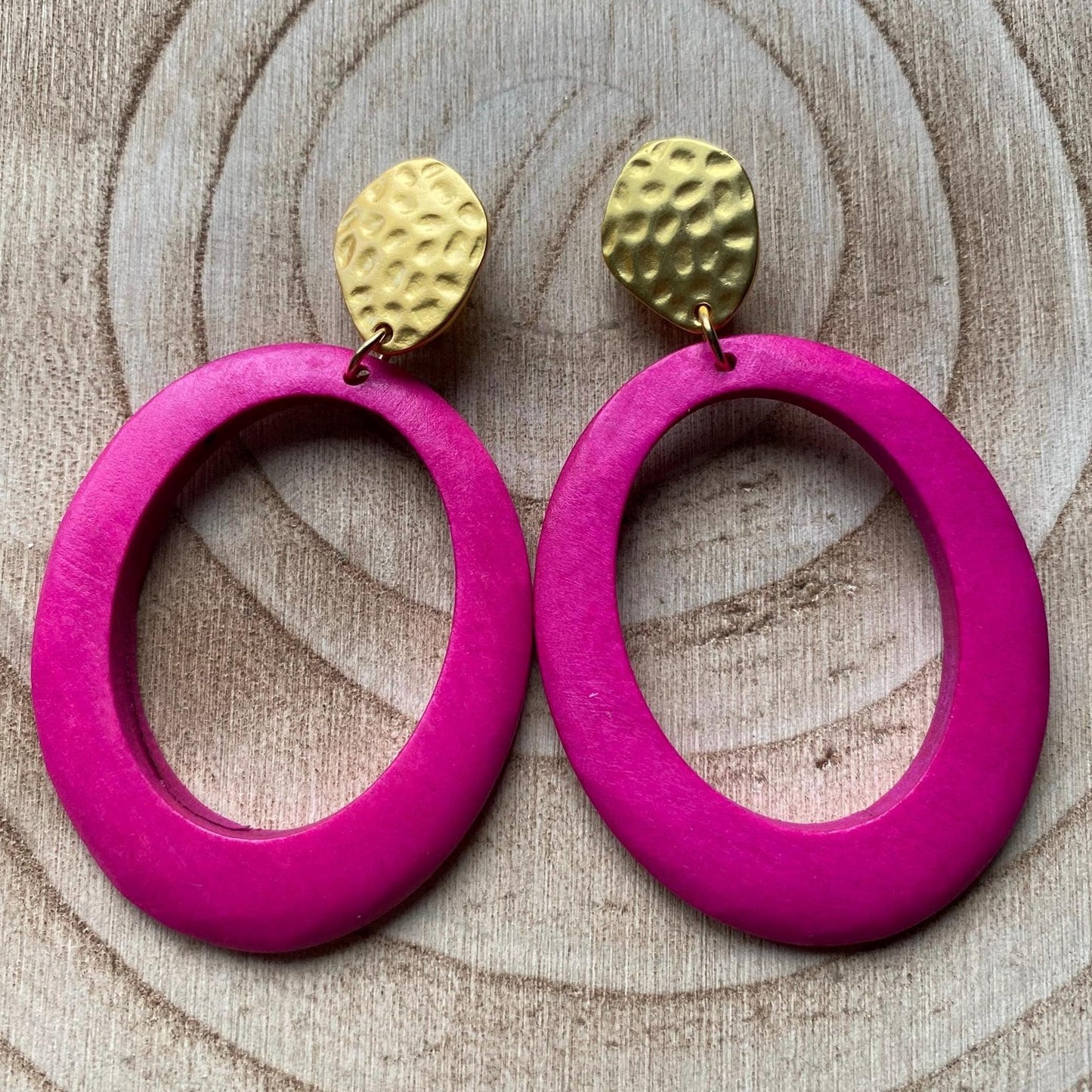 Large clip on rustic wooden hoop earrings, dangling pink or blue hoop earrings