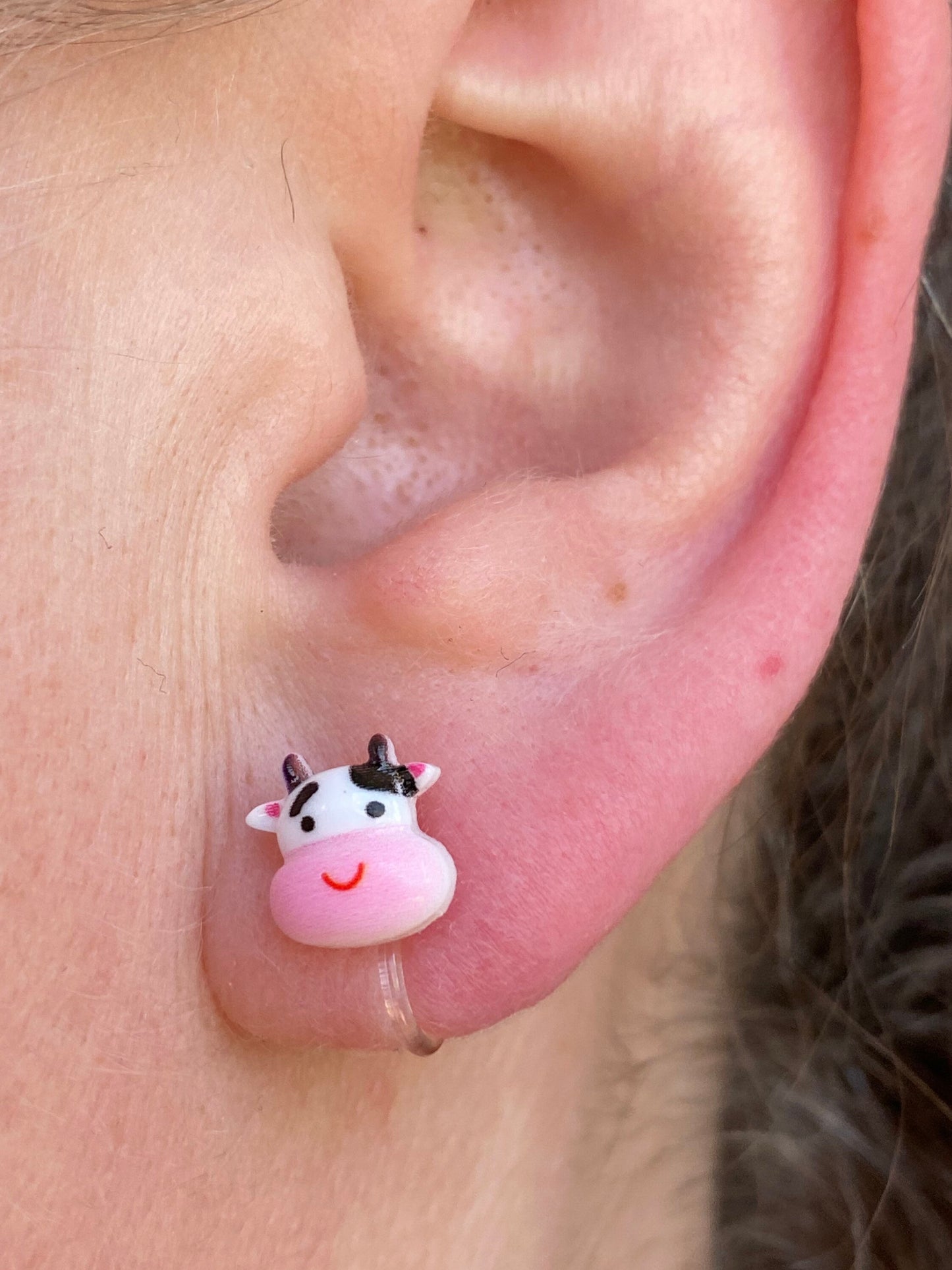Tiniest little cow invisible clip on earrings, adorable Cow earrings