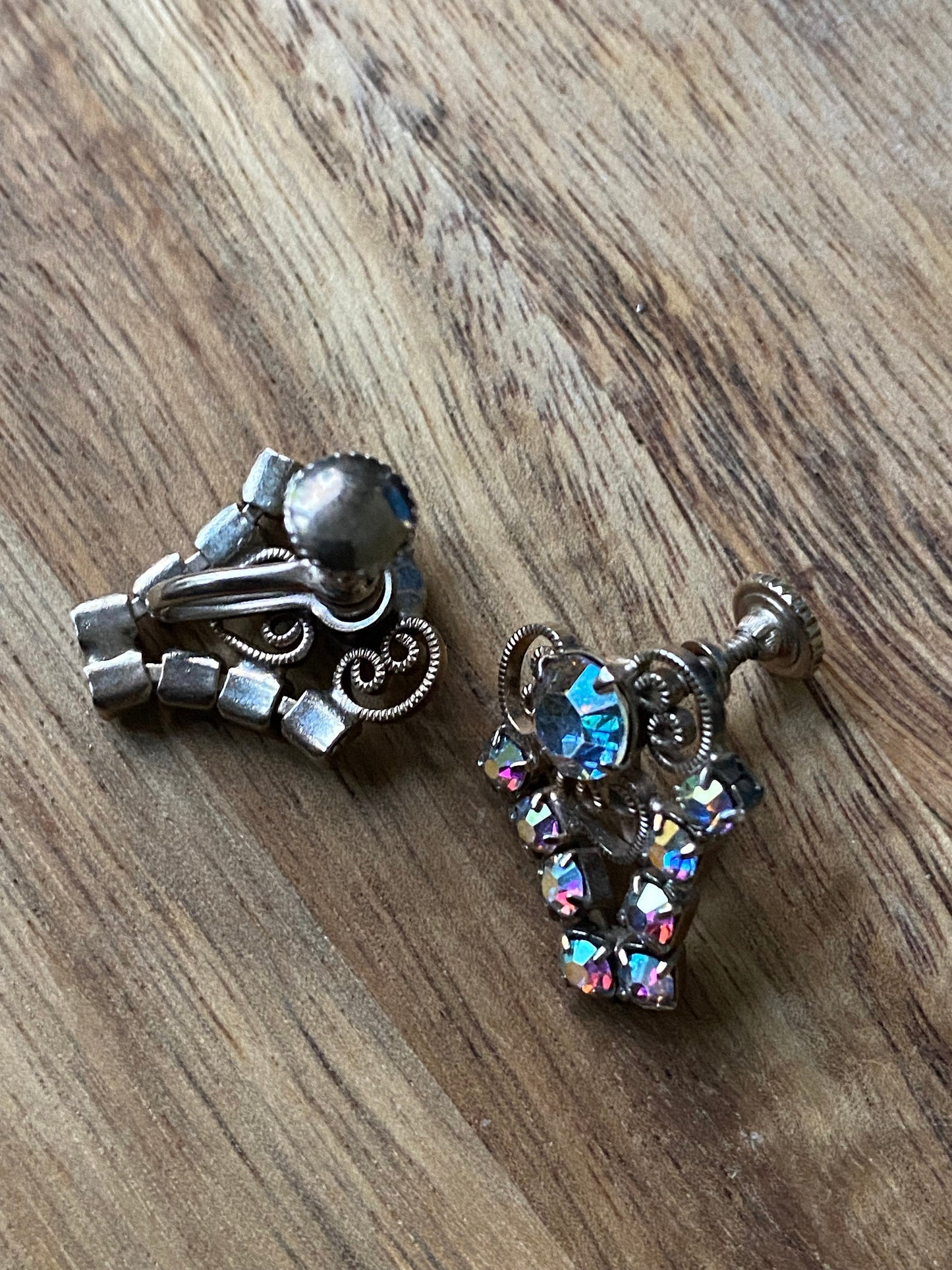 Vintage iridescent rhinestone clip on earrings with filigree accents, screwback ab rhinestone earrings