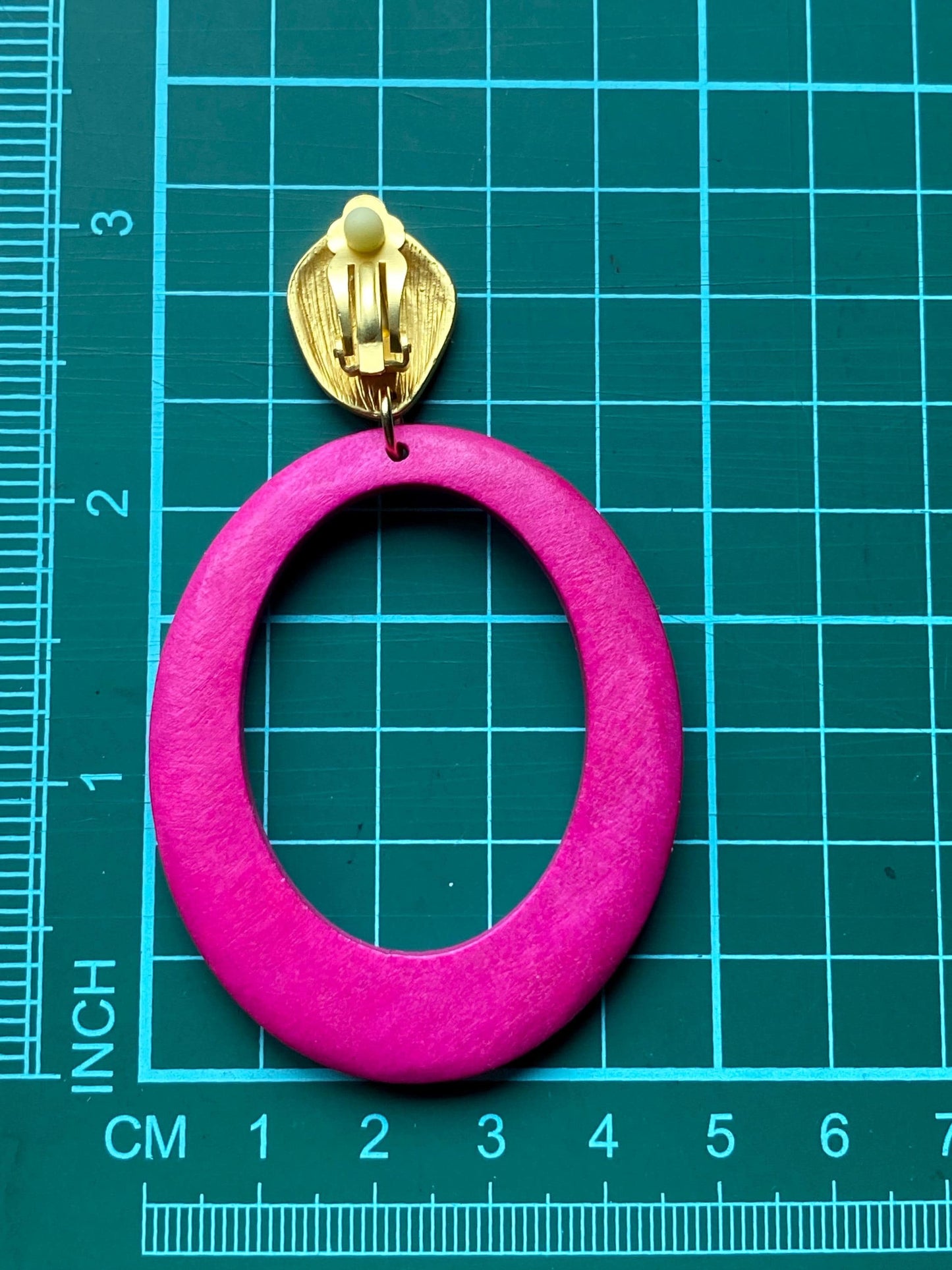 Large clip on rustic wooden hoop earrings, dangling pink or blue hoop earrings