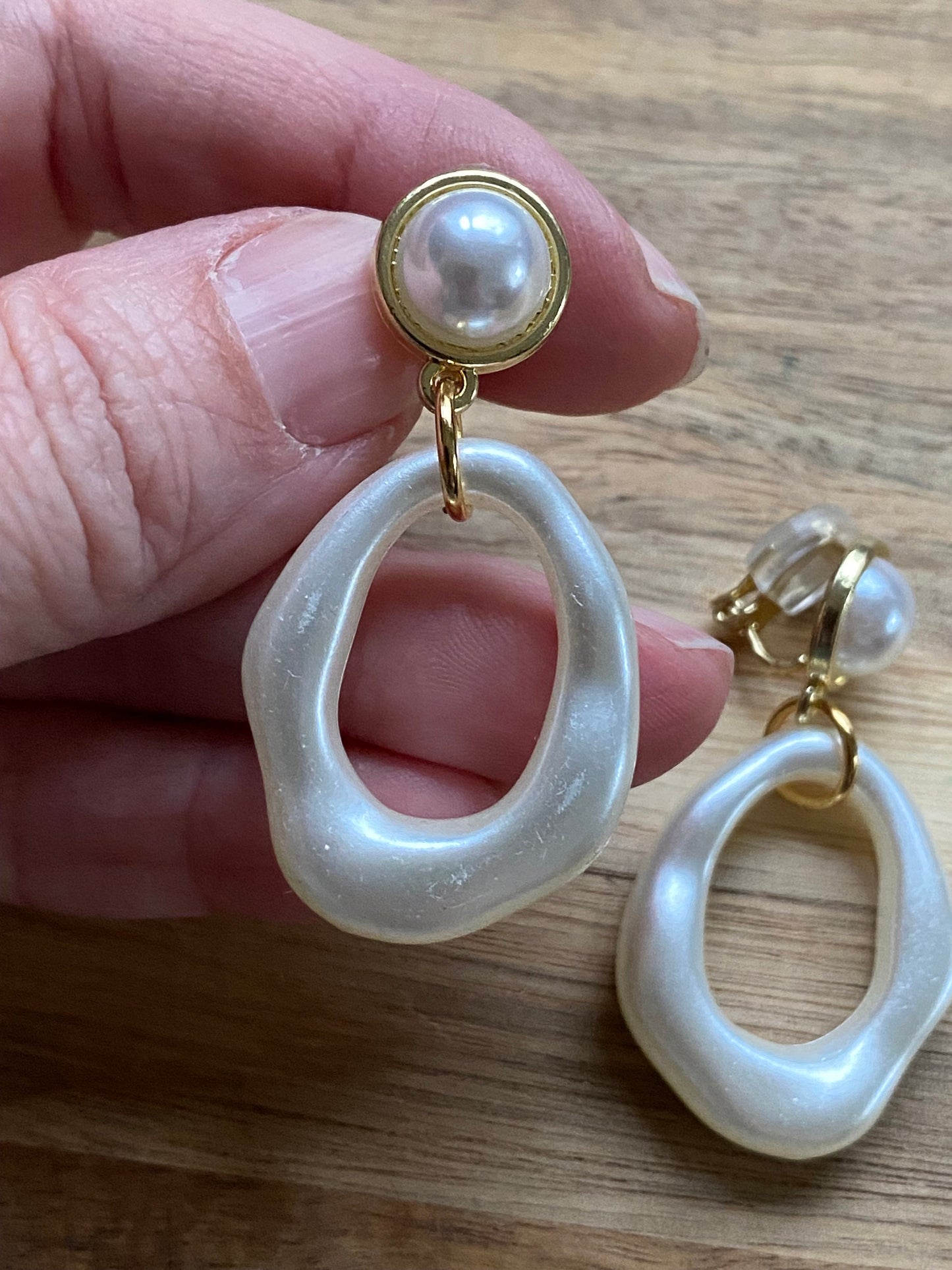 Clip on dangling faux pearl hoop earrings, irregular hoops