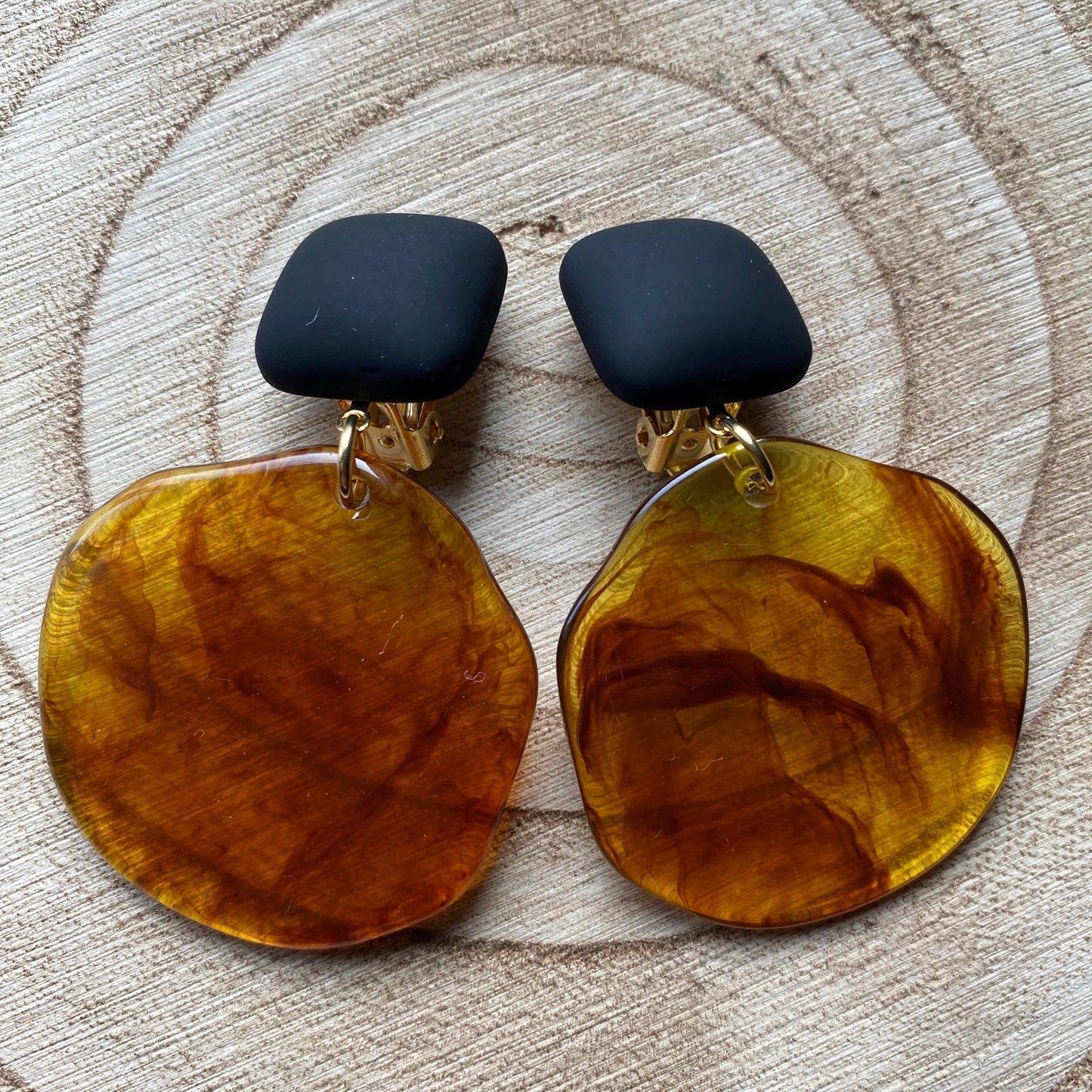 Clip on drop earrings, tortoiseshell, purple, green, blue earrings for unpierced ears